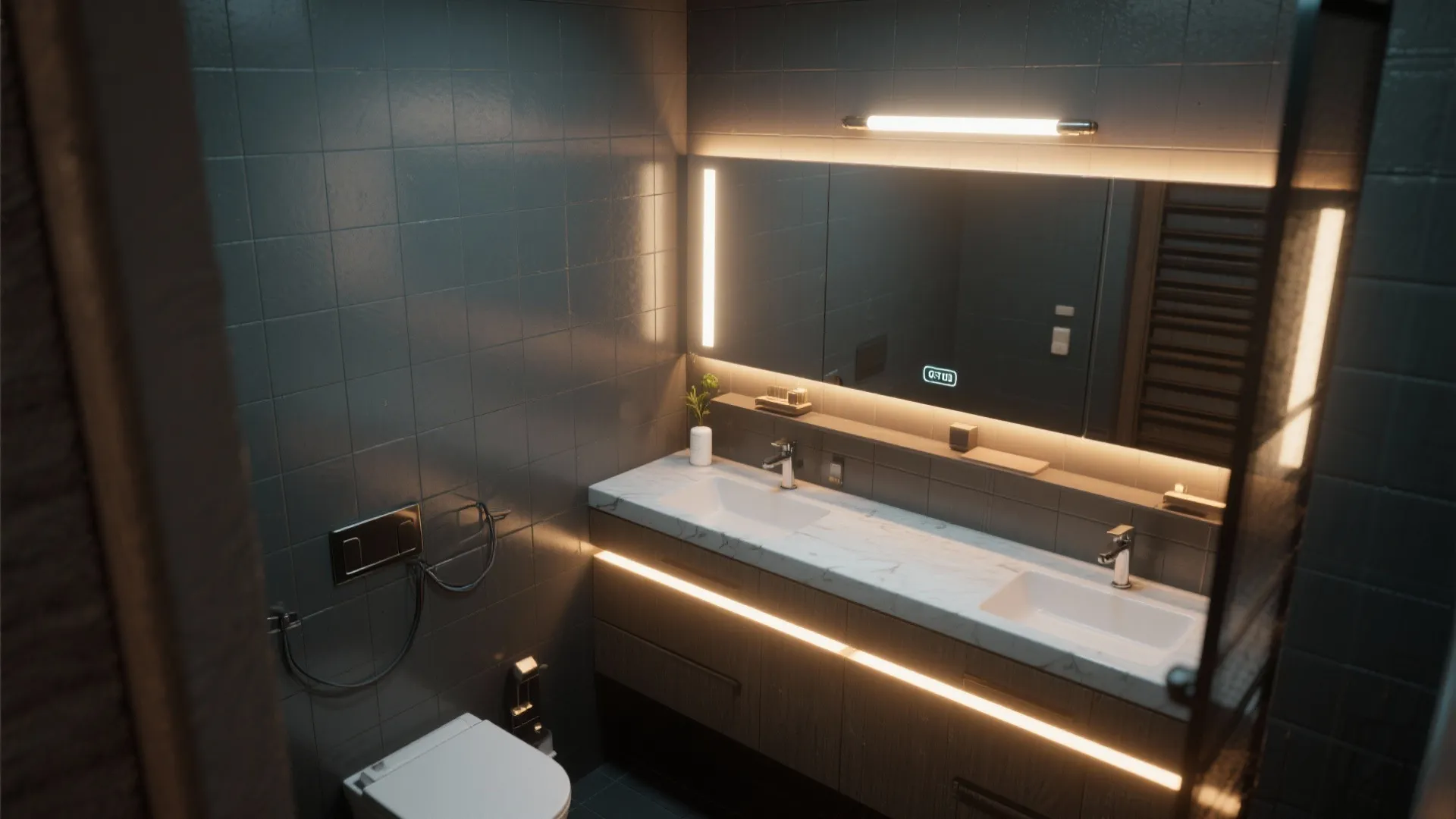 Small bathroom with layered lighting: LED strips, downlights and mirror task light on dark grey tiles.