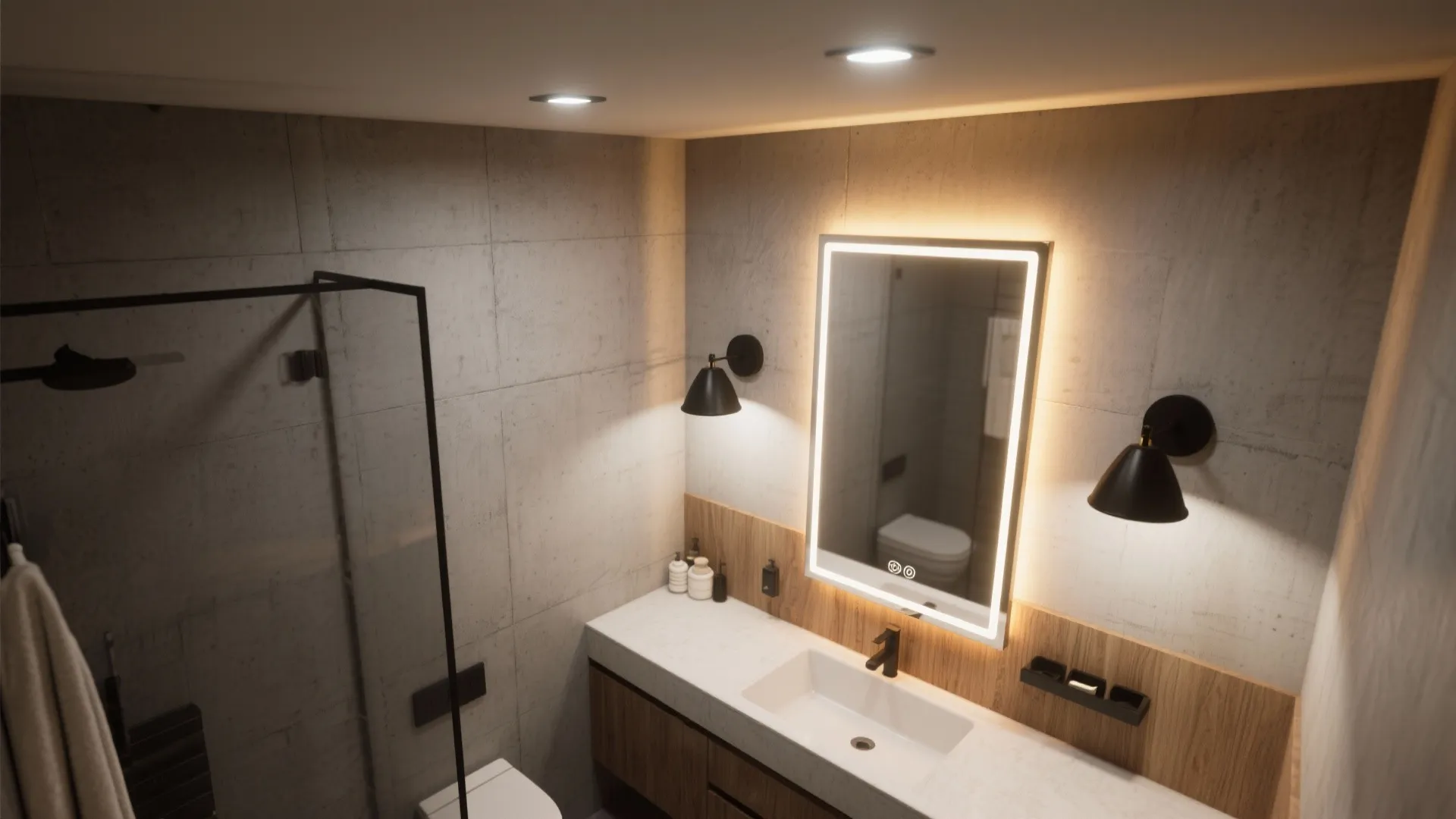 Top-down view of a small bathroom showing black sconces, recessed lights, and LED mirror backlighting for layered illumination
