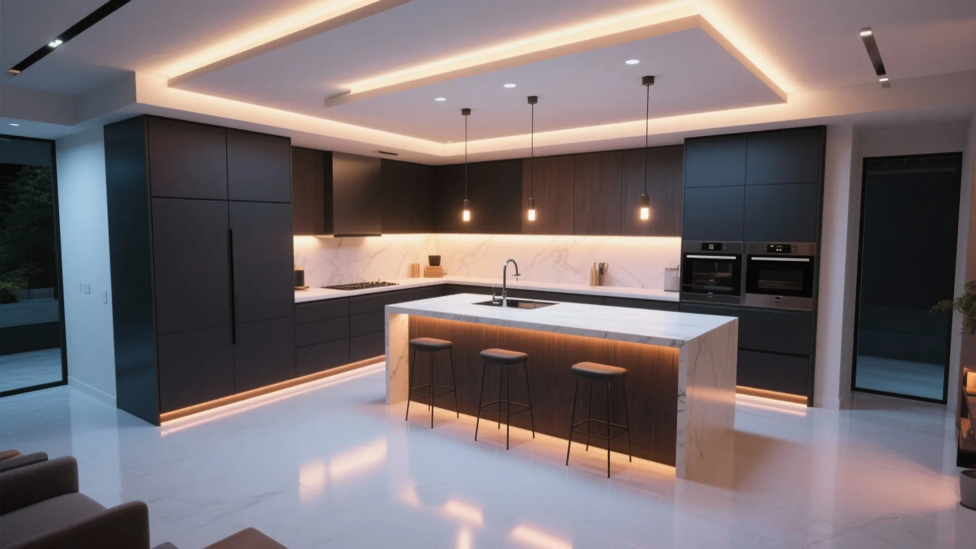 Modern black kitchen with marble island stools warm ceiling lights and dark wood cabinet design