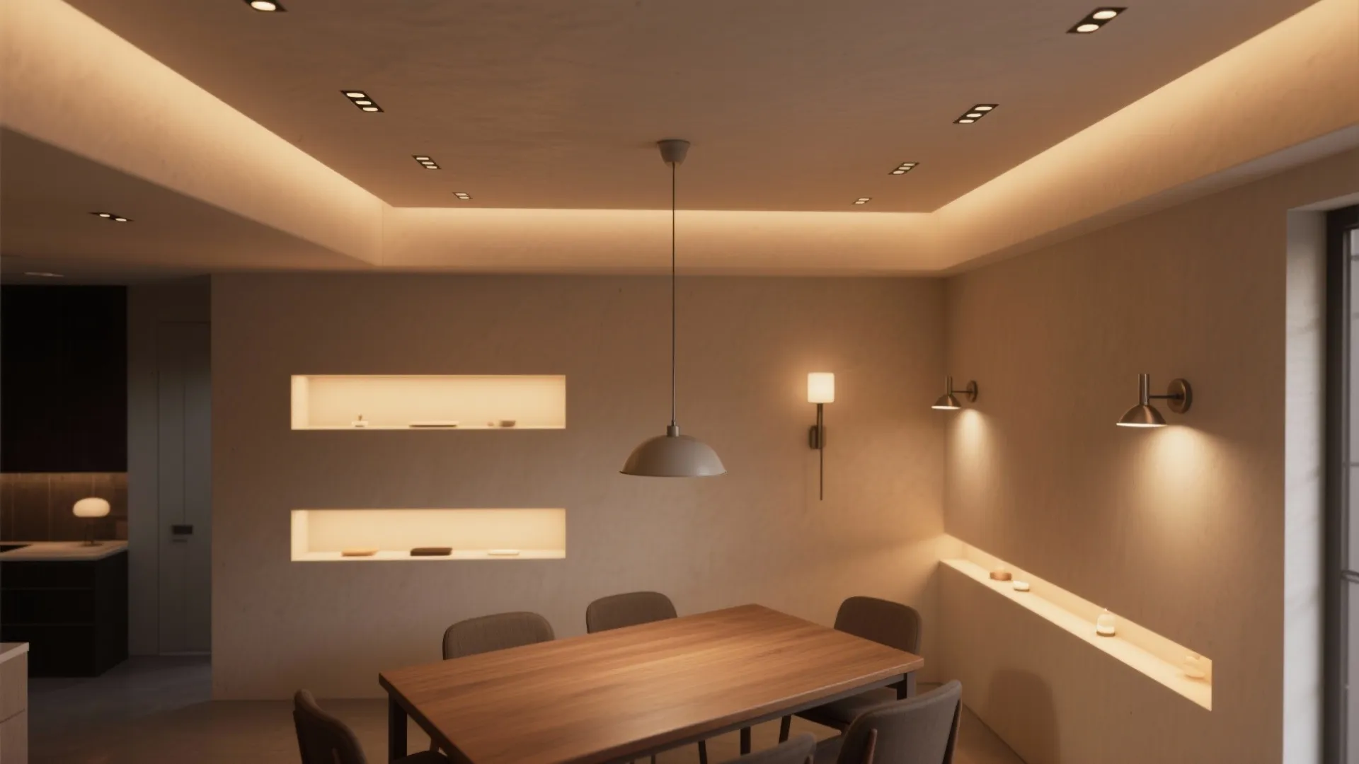 Wooden table with chairs under ceiling light and wall lights with warm shelf light fixtures