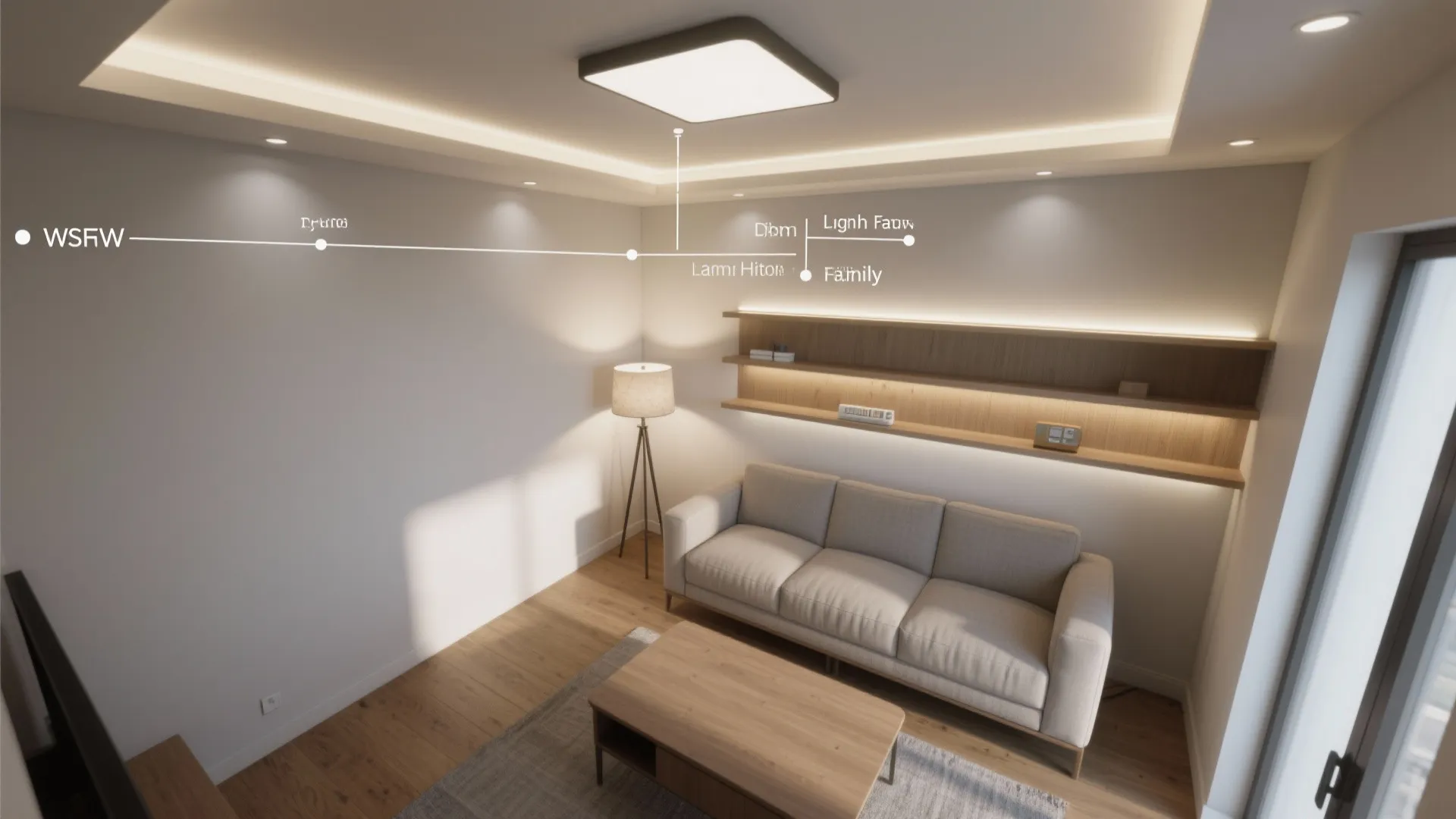 Top-down visual of a small family room showing ambient, task, and accent lighting layers.