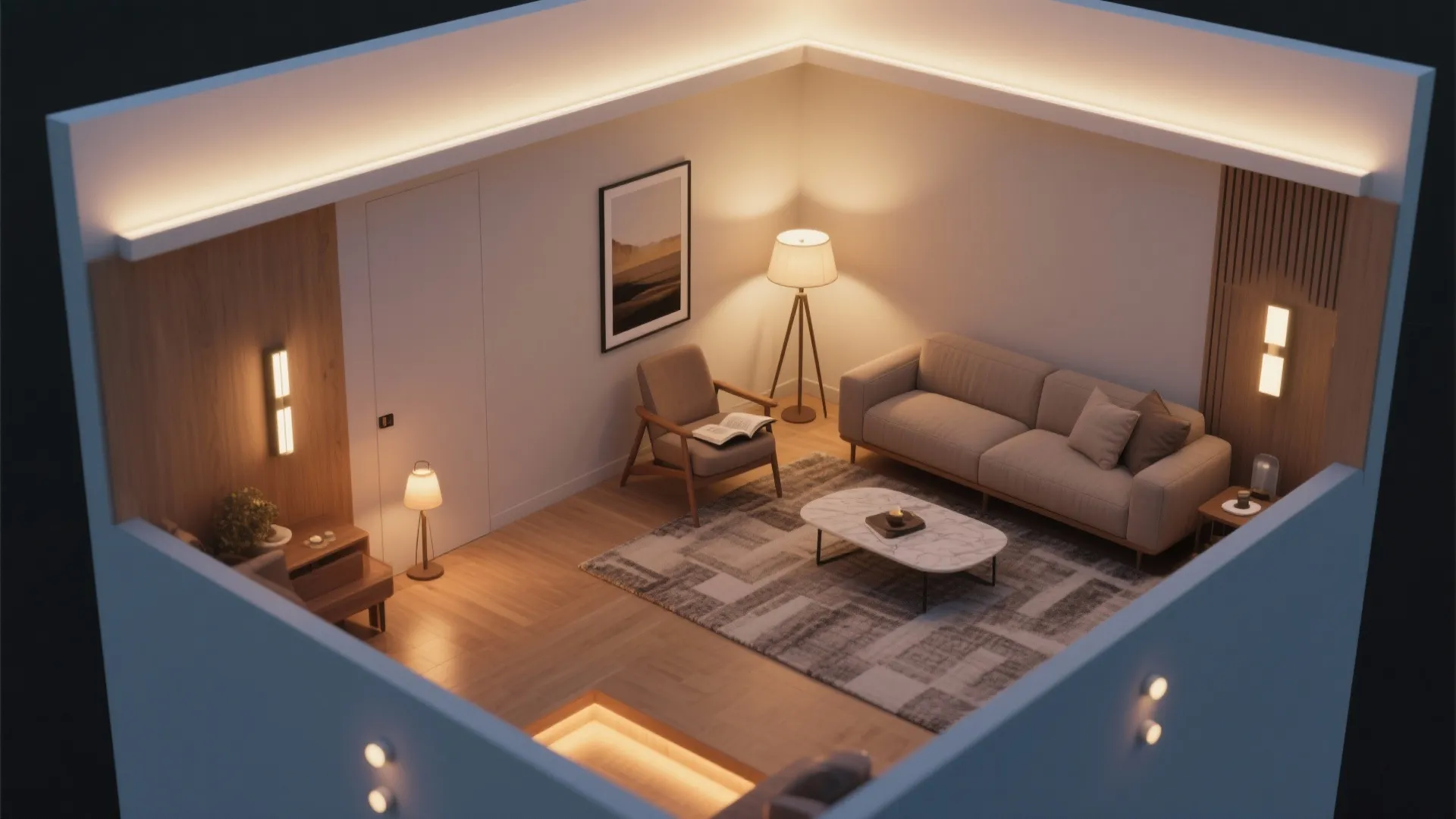 Interior design drawing of a lounge area with sofa floor lamp and wall light fixtures
