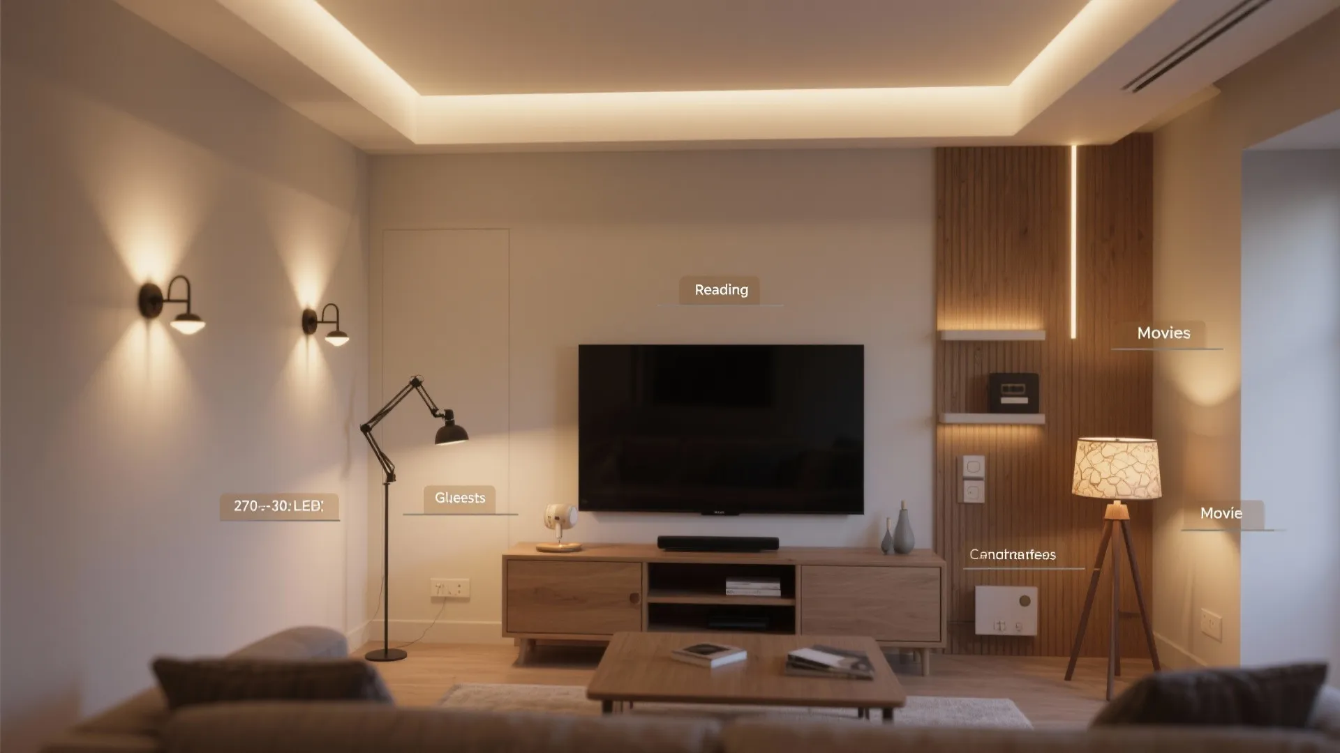 Layered lighting plan: sconces + ceiling + portable lamps