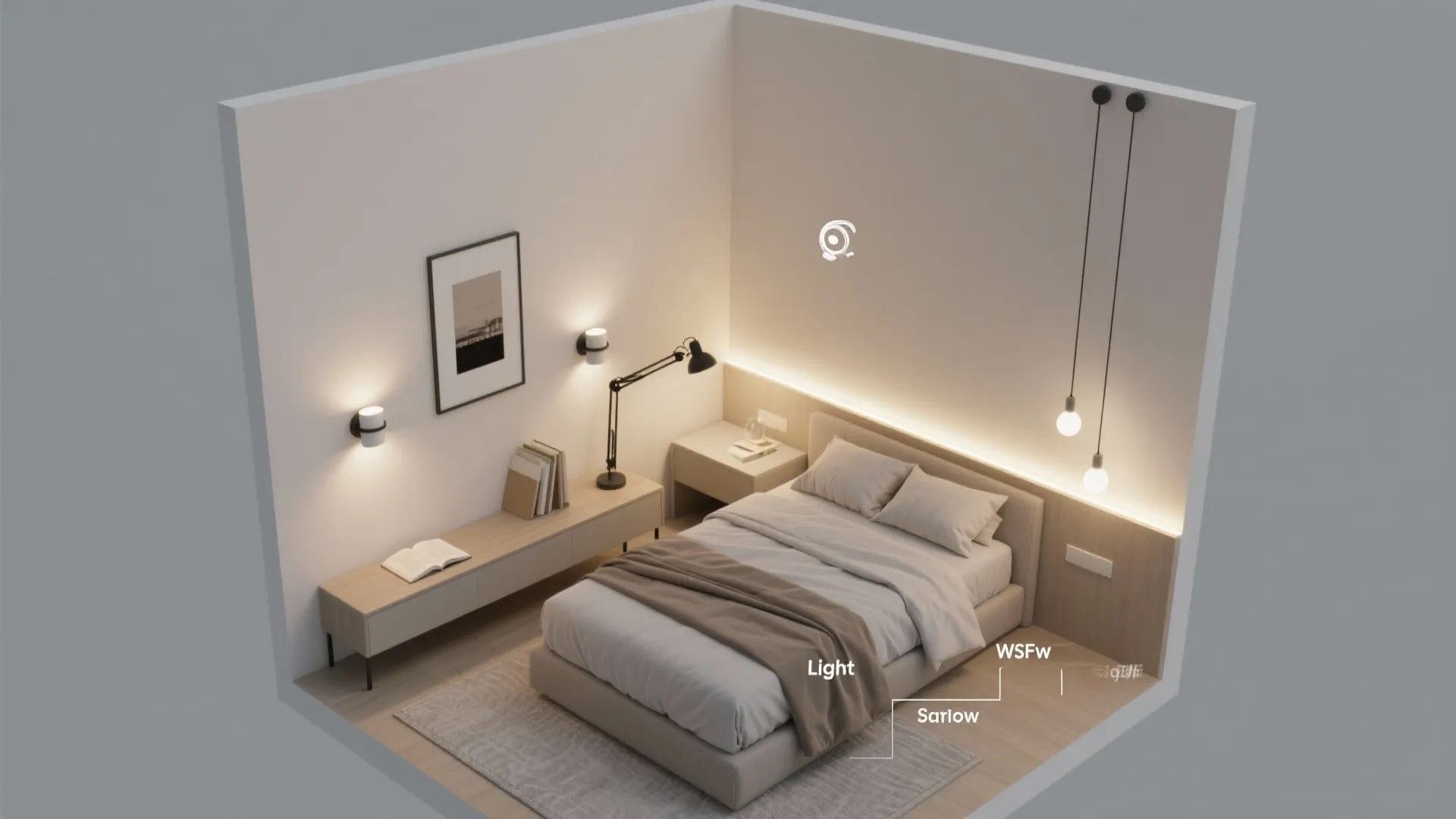 Top-down layout illustrating layered bedroom lighting zones for a compact space.