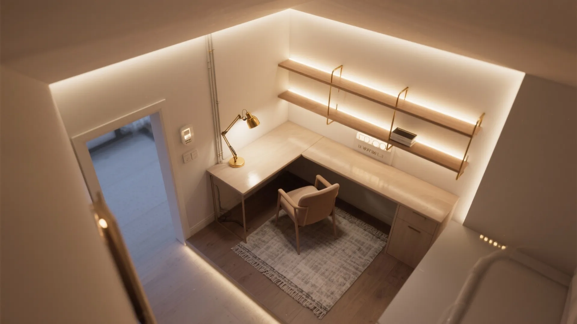 Top-down view of a small room with ambient, task, and accent lighting arranged around an L-shaped corner desk.