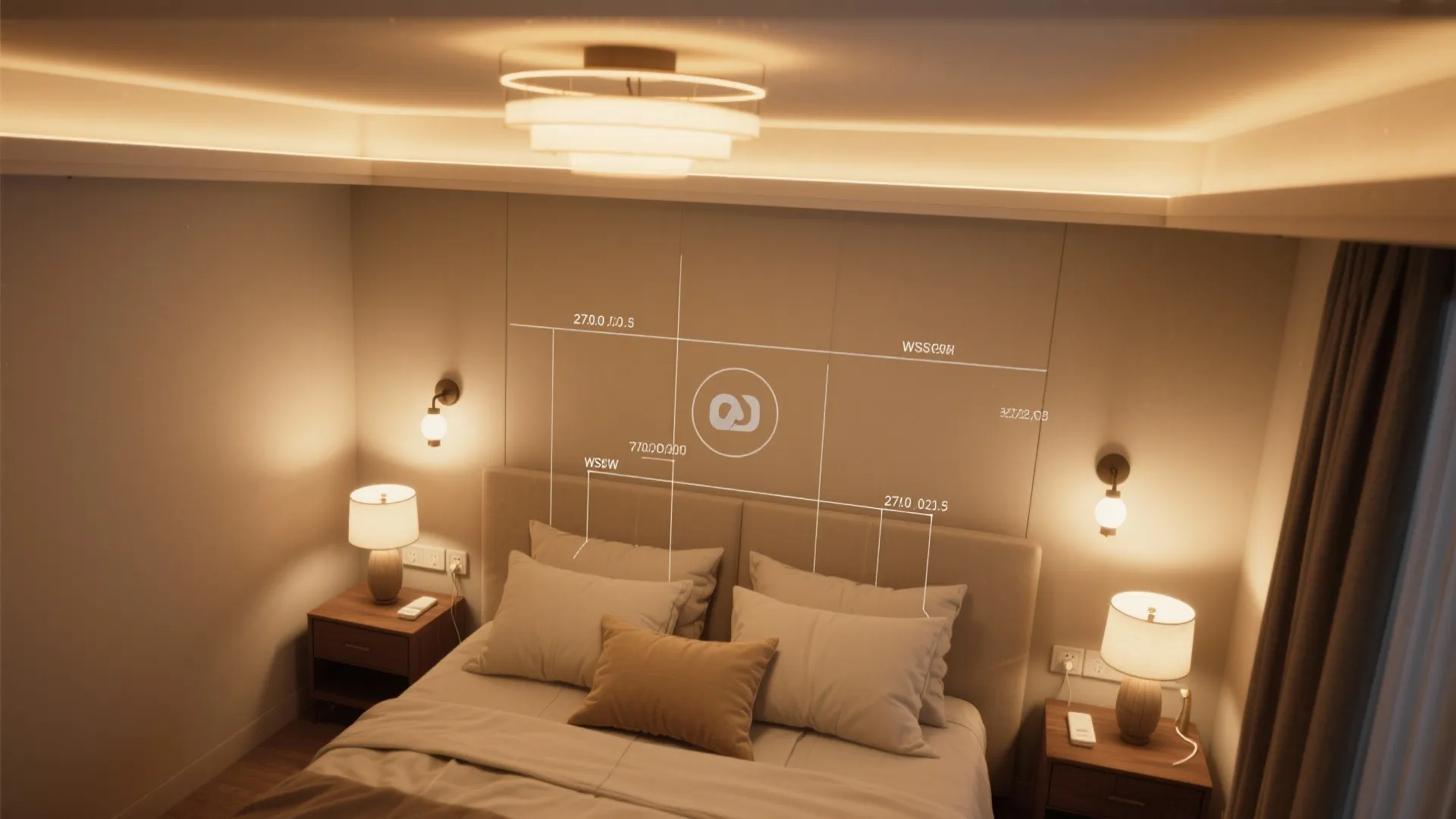 Top-down view of a bedroom showing layered warm lighting and beige accents.