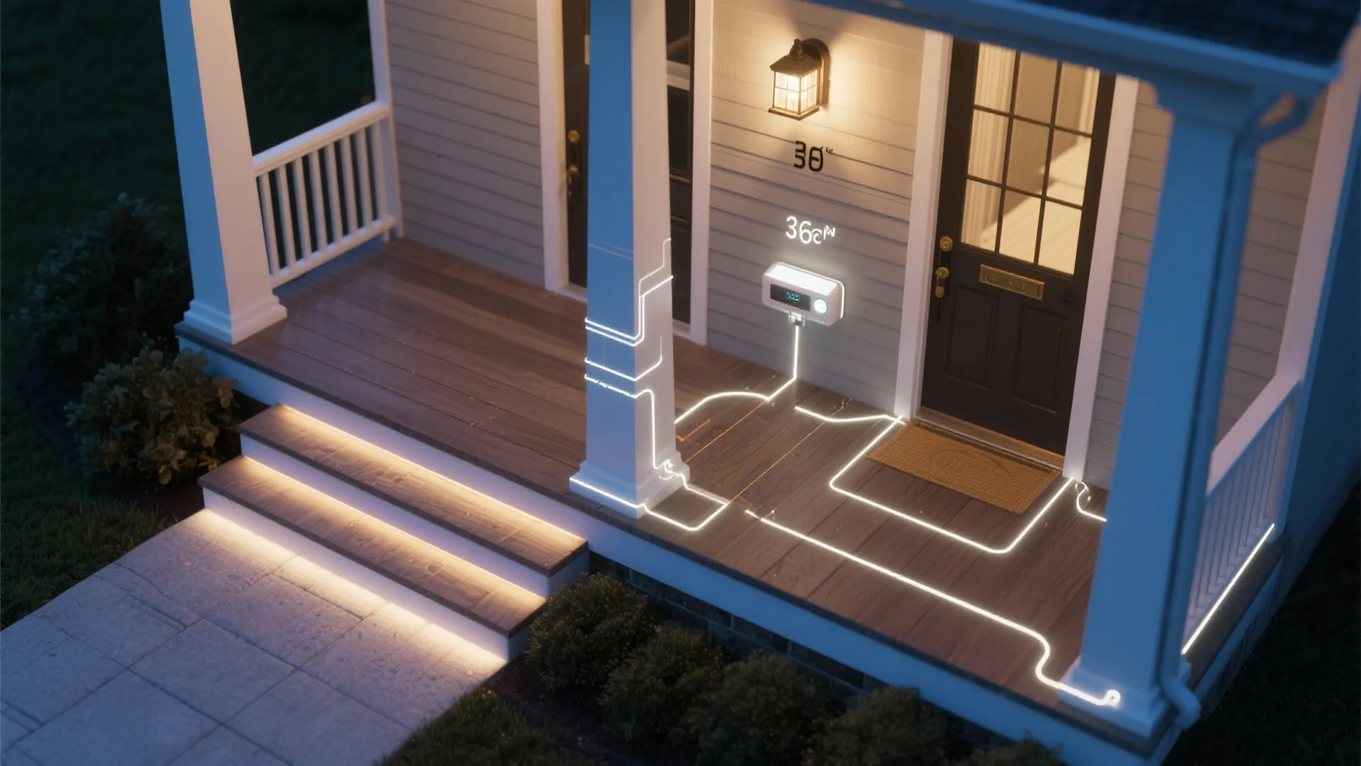 House porch illustration with glowing lines showing plan for outdoor light fixtures and step light