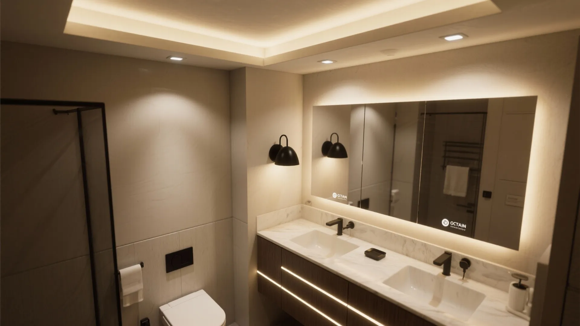 Bathroom showing layered lighting: matte black sconce, recessed lights, and under-cabinet strips creating depth.