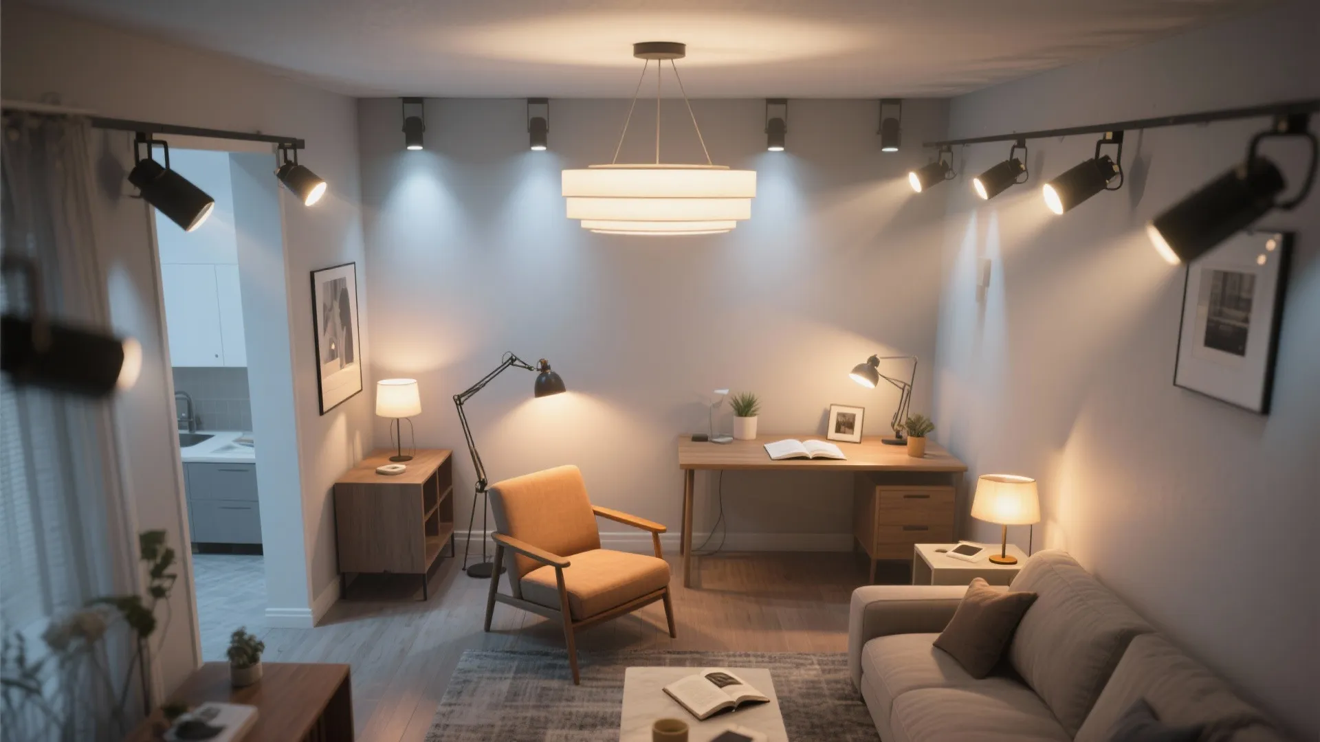 Interior room with layered lighting featuring a large ceiling light desk lamp and track lights