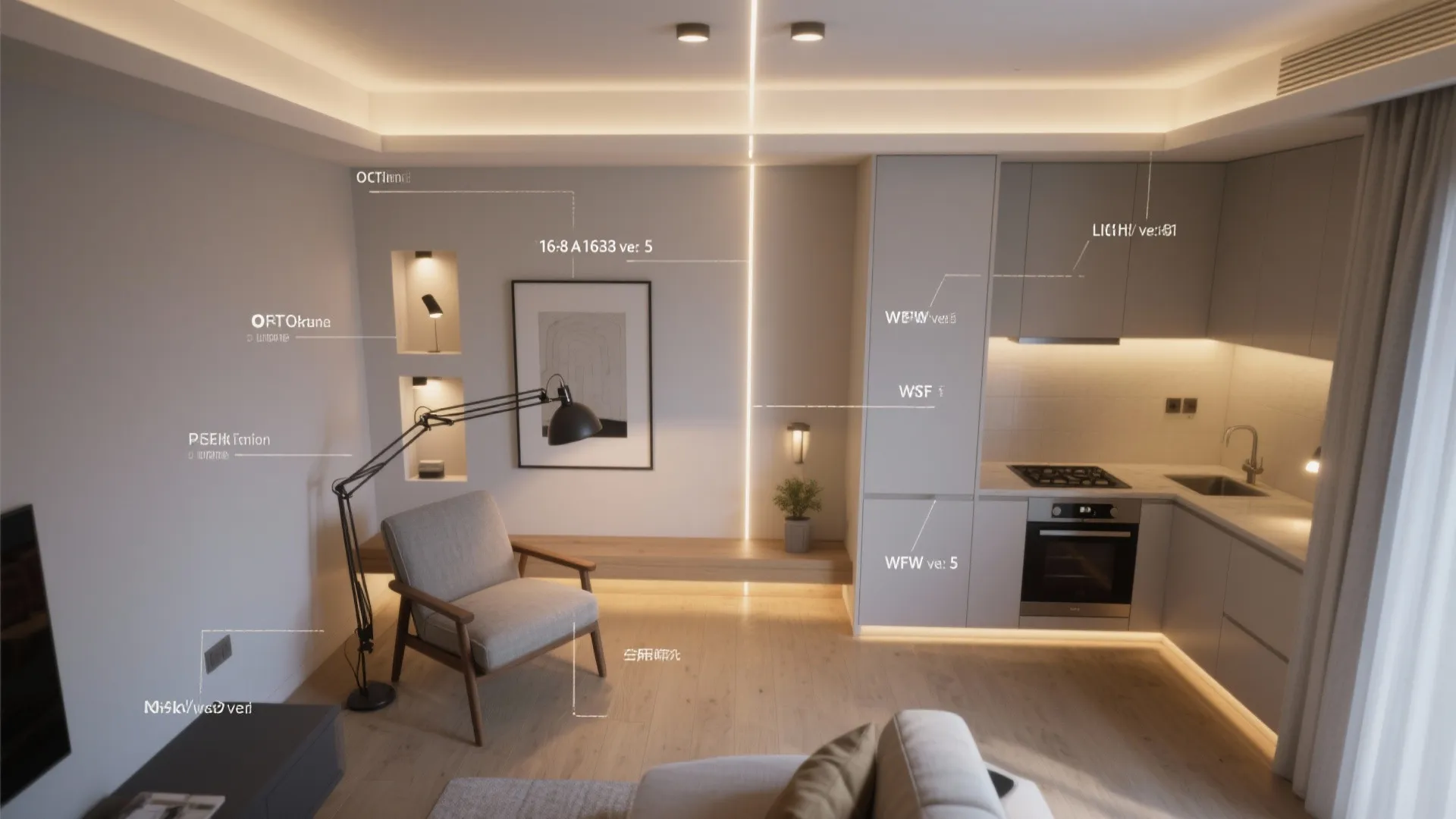 Modern apartment interior design drawing with labels for different light fixtures and various room areas