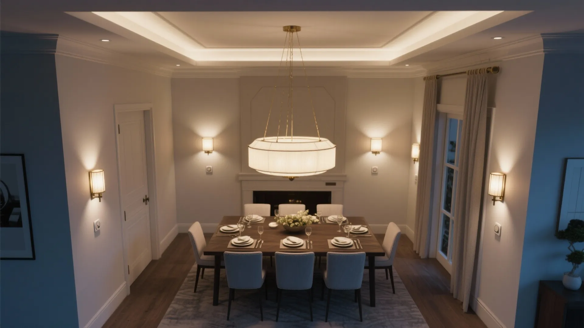 Elegant dining room with large ceiling light wall lights wooden table and warm indoor lighting atmosphere