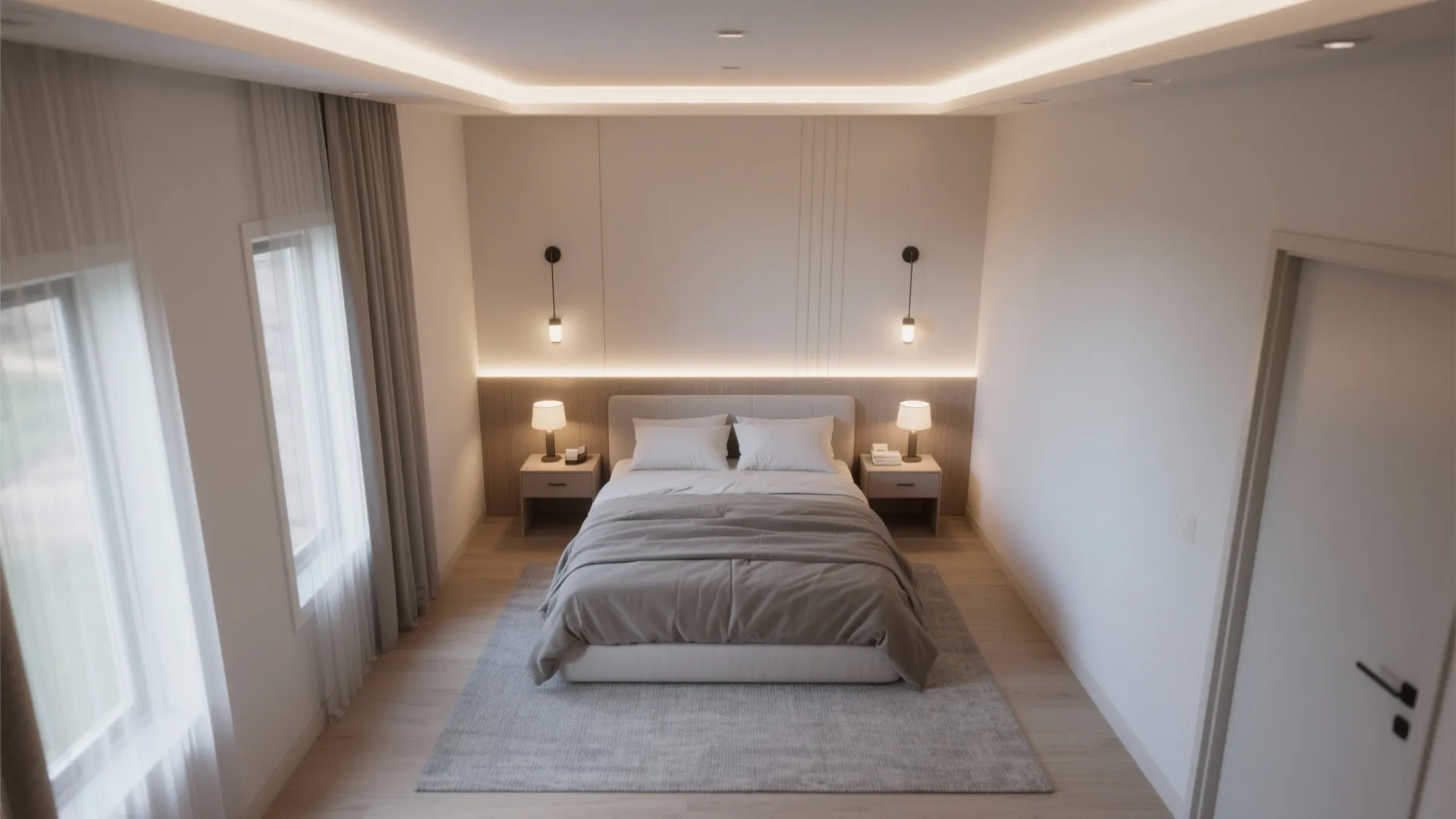Minimalist bedroom layout with symmetrical wall lights table lamps windows and neutral grey carpet floor