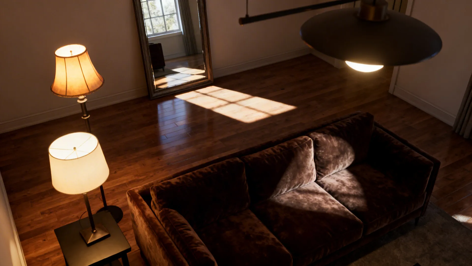 Living room with dark brown sofa lit by floor lamp, table lamp and overhead light to create layered illumination.
