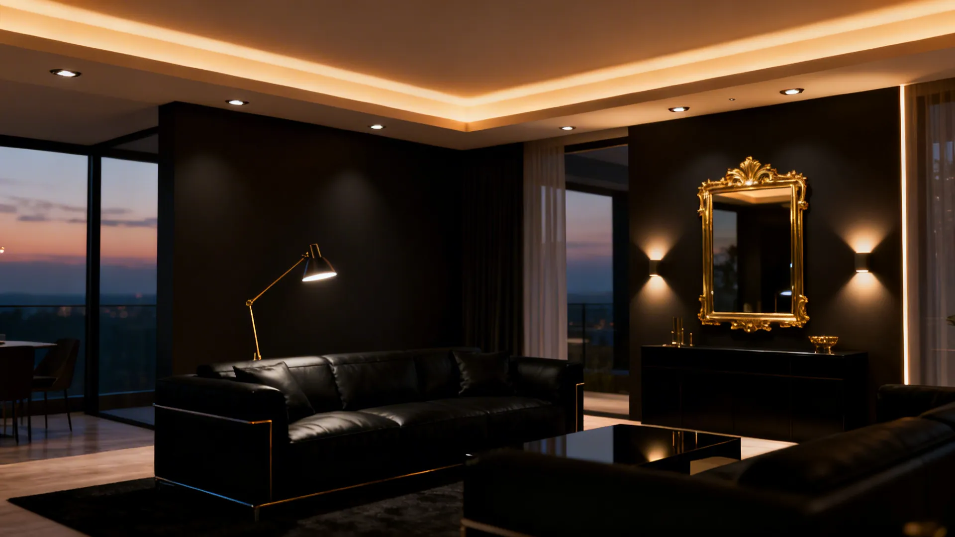 Living room demonstrating ambient, task and accent lighting layered to warm a black interior and highlight gold details.
