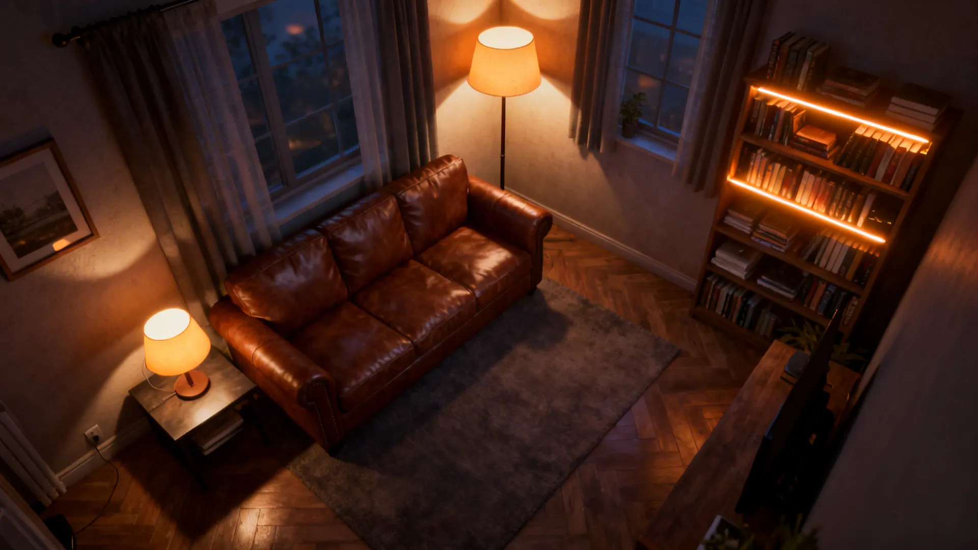 Top-down lighting layout showing layered lamps around a brown leather sofa