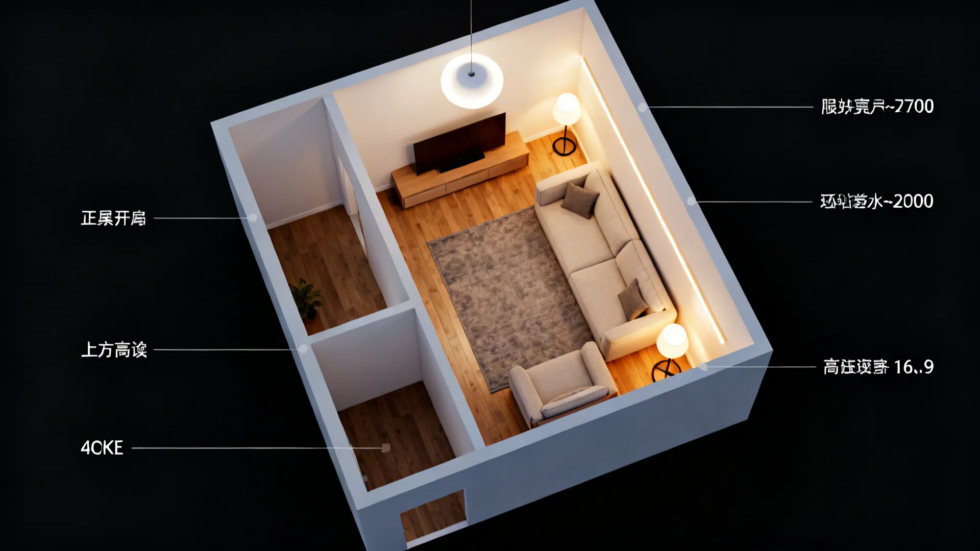 Top-down view of a small living room illustrating ambient, task, and accent warm white lighting zones.
