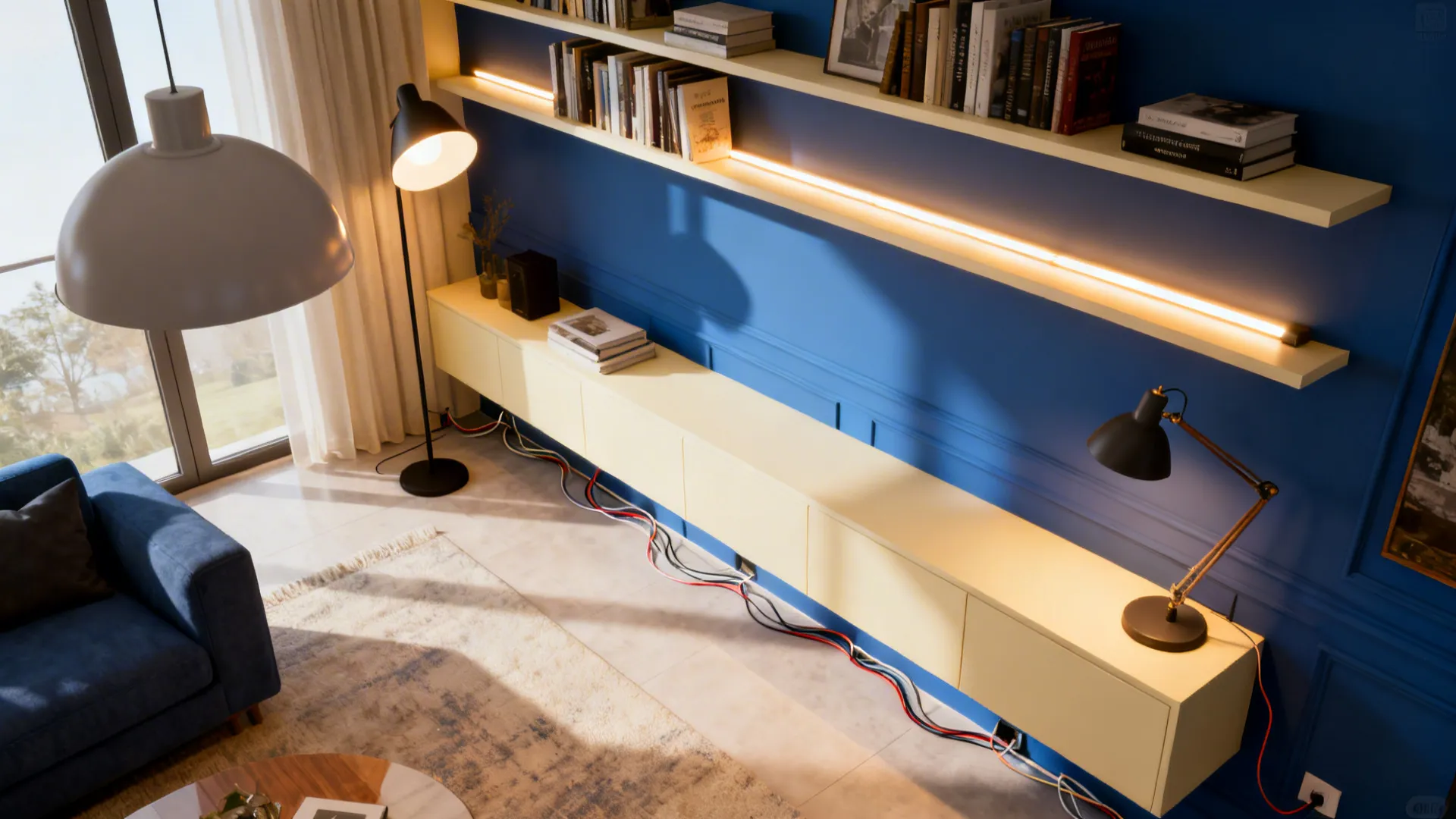 Top-down view of layered lighting with pendant, floor lamp, task lamp, and LED strips