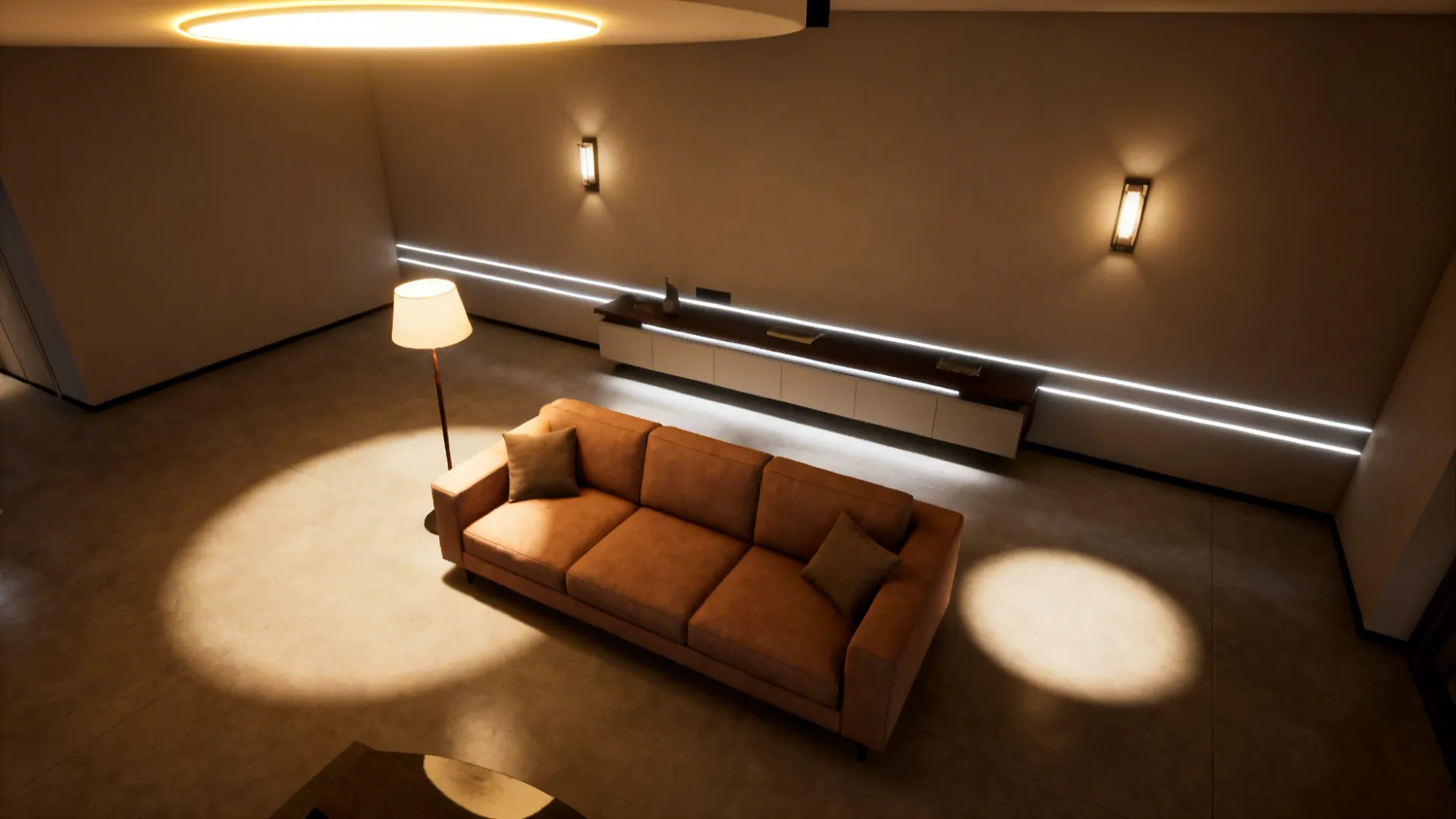 Top-down view illustrating layered lighting around a light brown sofa: floor lamp, sconces, ambient ceiling and LED accents.