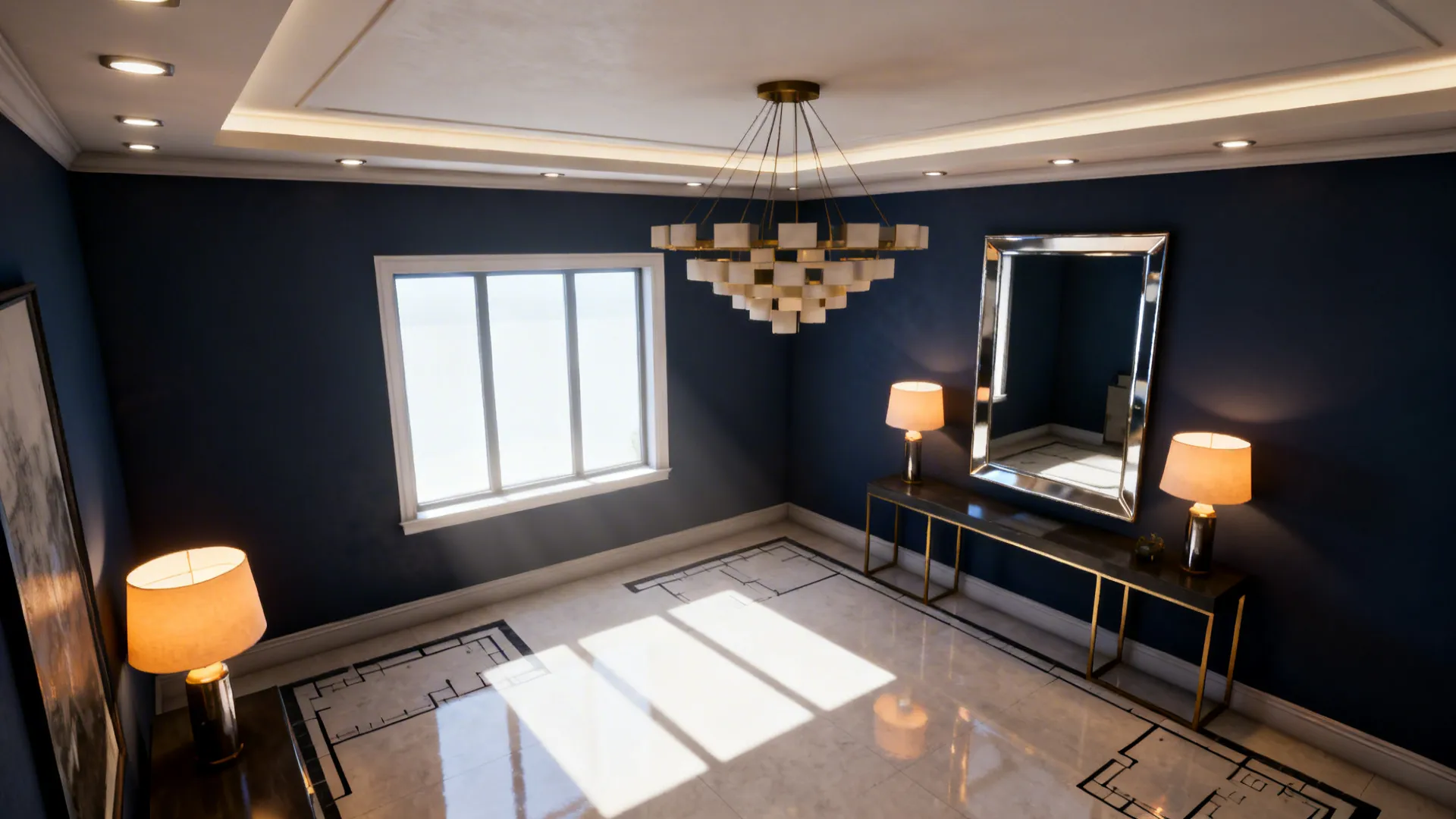 Living room with layered lighting and a large mirror reflecting daylight across a navy accent wall