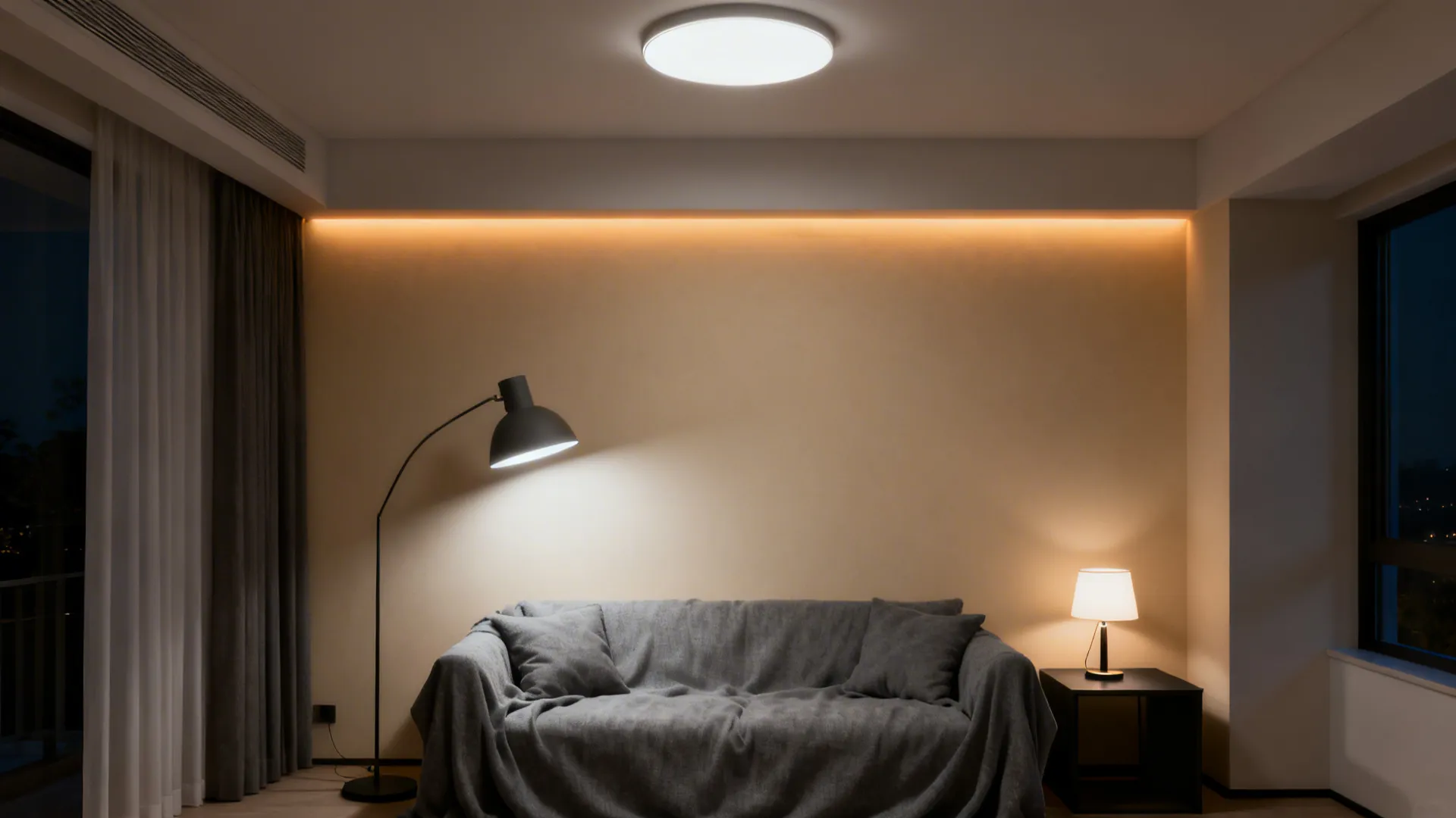 Living room with layered ambient, task, and accent lighting showing warm and daylight-balanced effects