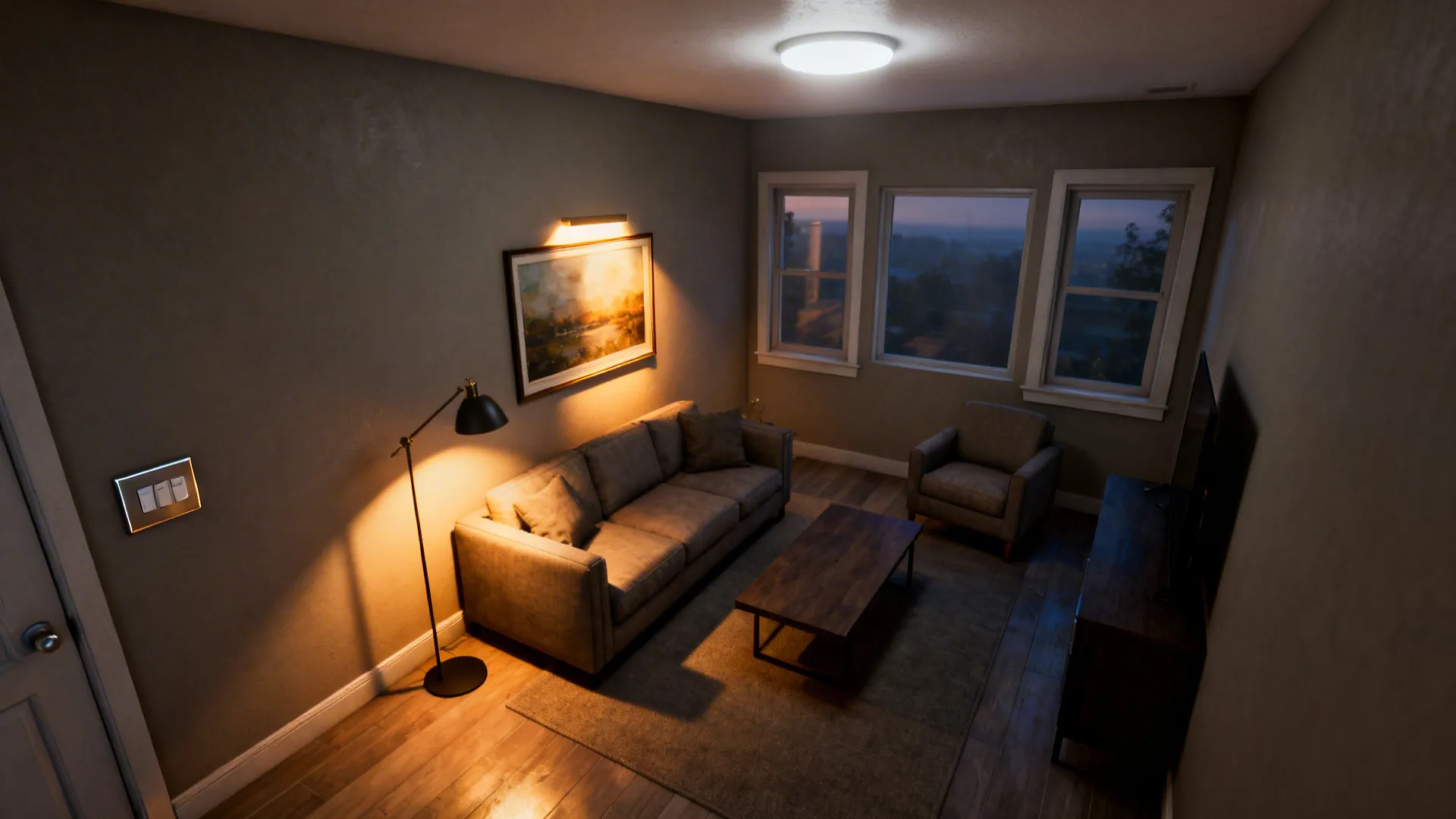 Small living room layout showing layered ambient, task, and accent lighting on a taupe-grey palette.