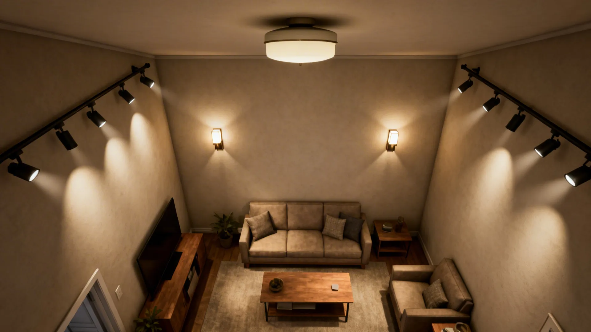 Top-down lighting plan showing a modest center fixture with wall sconces and track lights for layered illumination