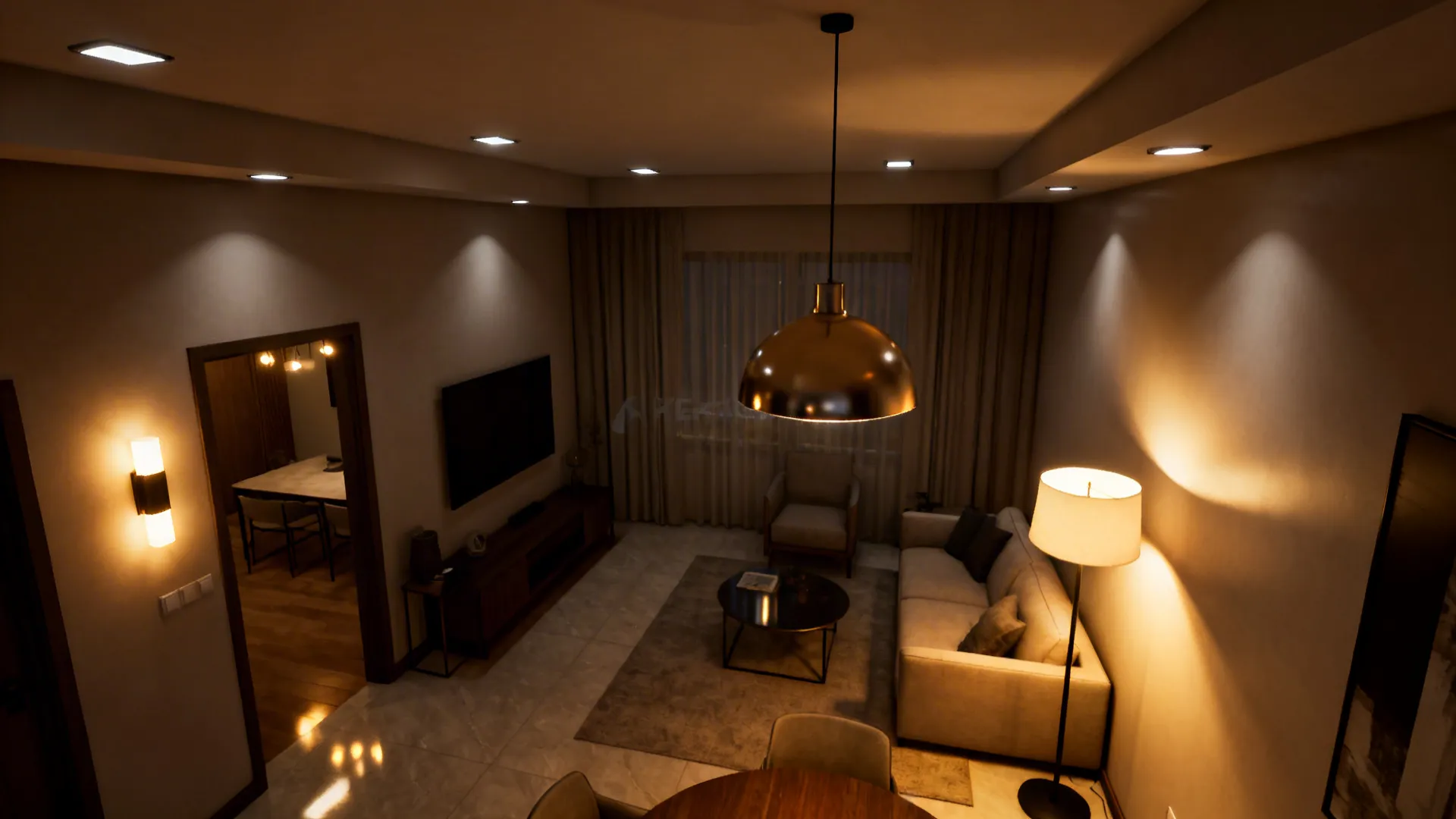 Top-down view of a compact living room showing layered lighting: pendant, recessed, floor lamp and sconces.