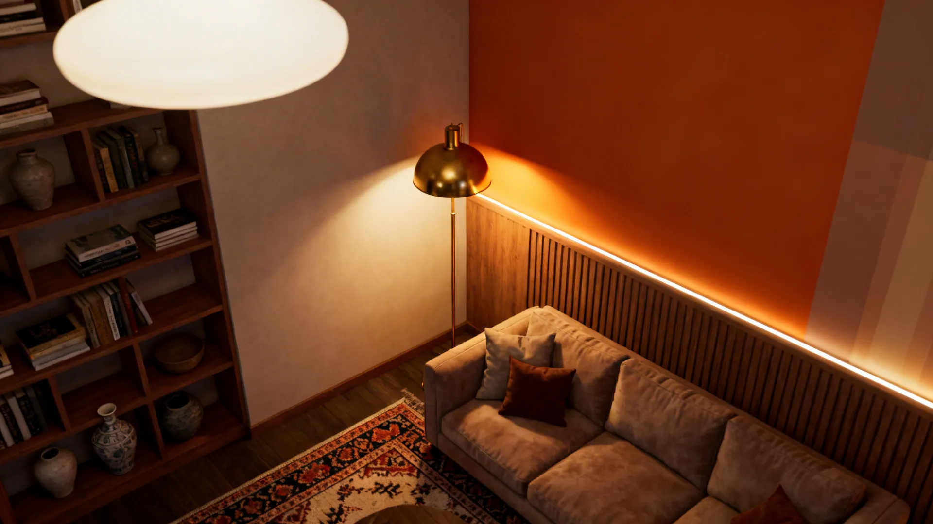 Layered lighting plan showing ambient, task and accent lights affecting an orange wall