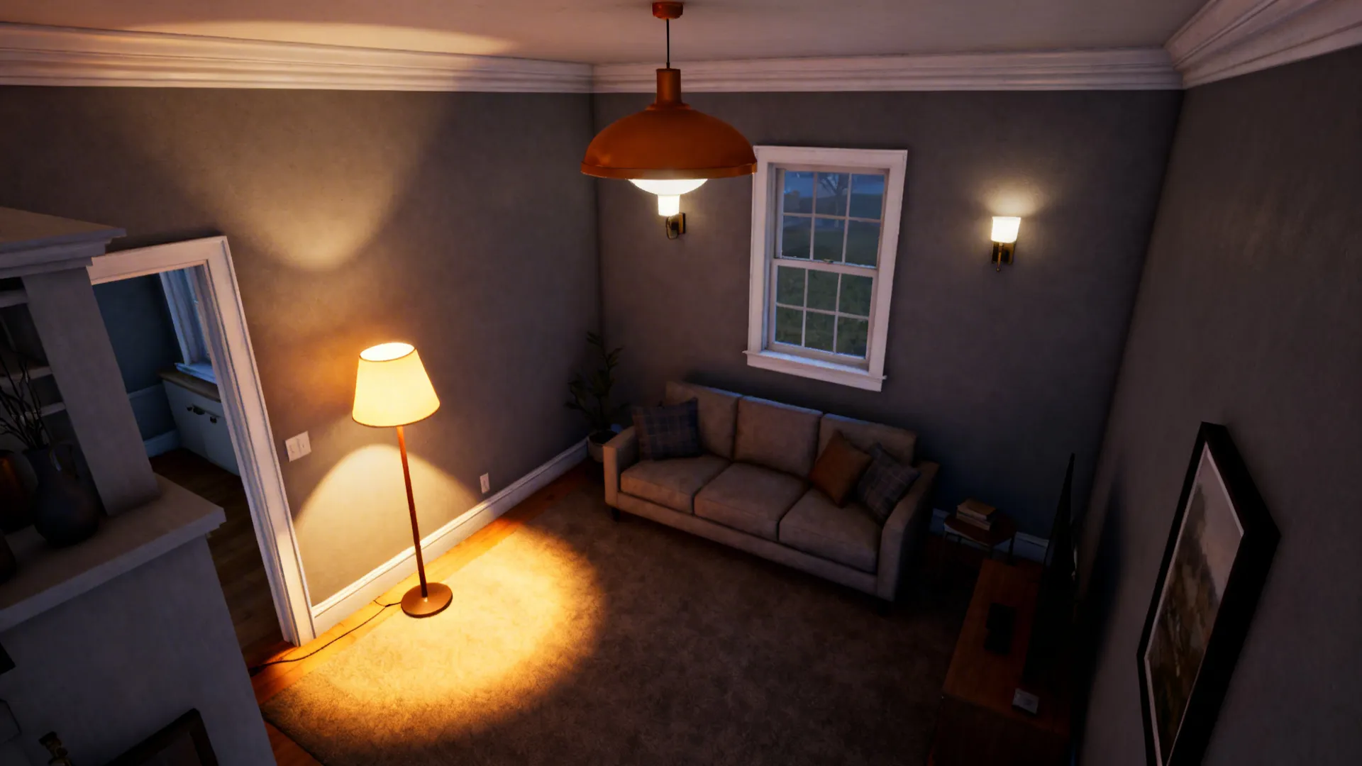 Small living room demonstrating layered lighting with warm overhead, sconces, and floor lamp