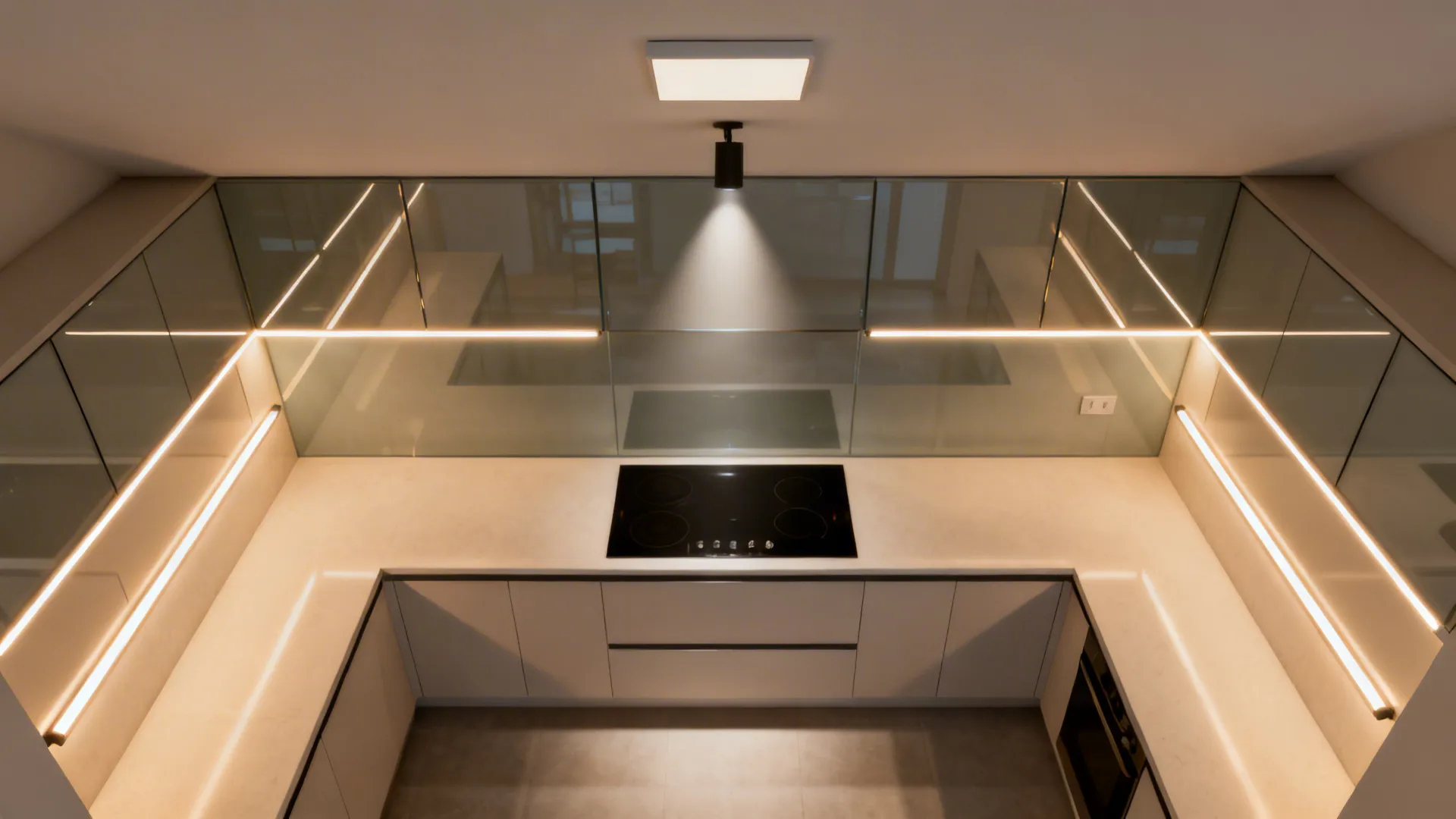 Top-down view of layered lighting in an L-shaped kitchen with under-cabinet strips, flush mount, and a spot.