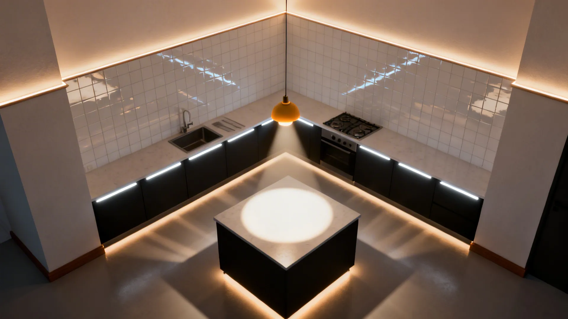 Top-down view showing under-cabinet strips, soft cove or toe-kick glow, and a pendant in a small kitchen.