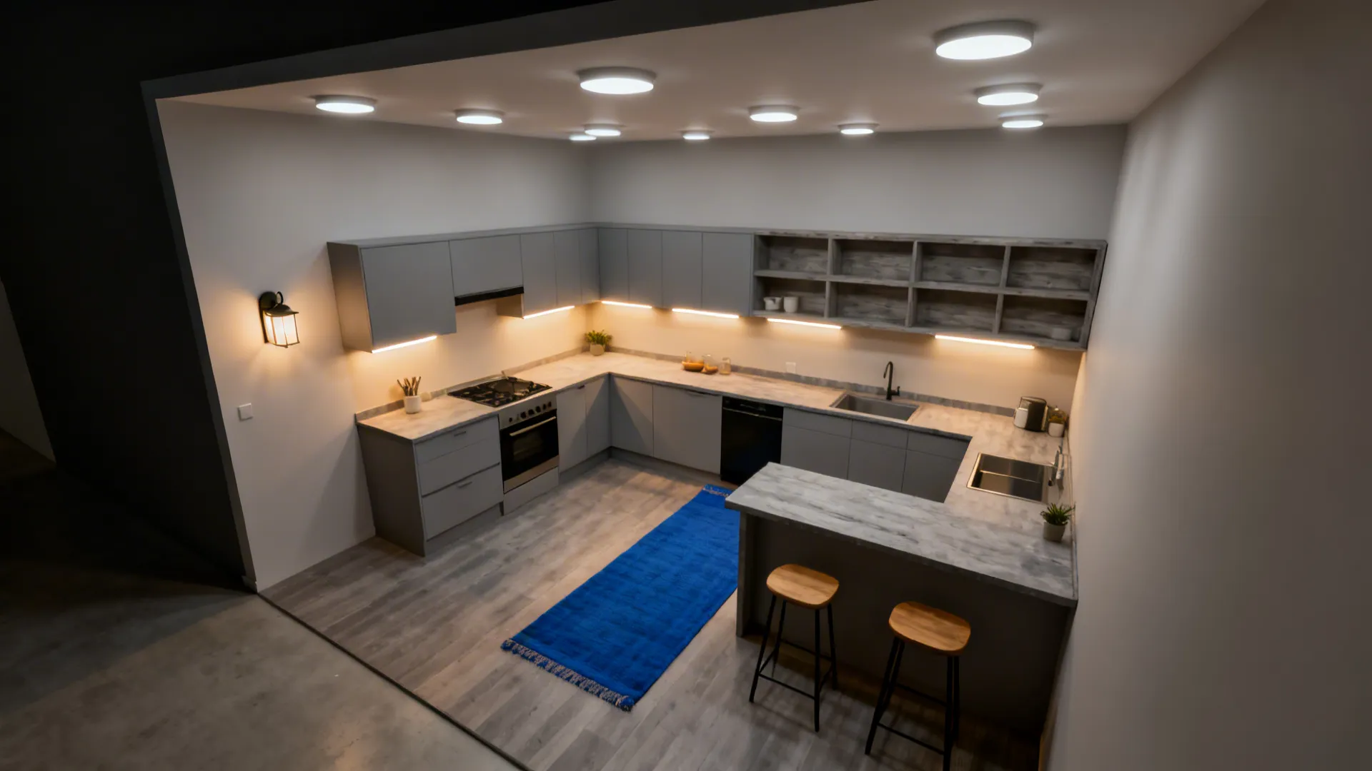 Top-down view mapping ambient, task, and accent lighting in a small kitchen.