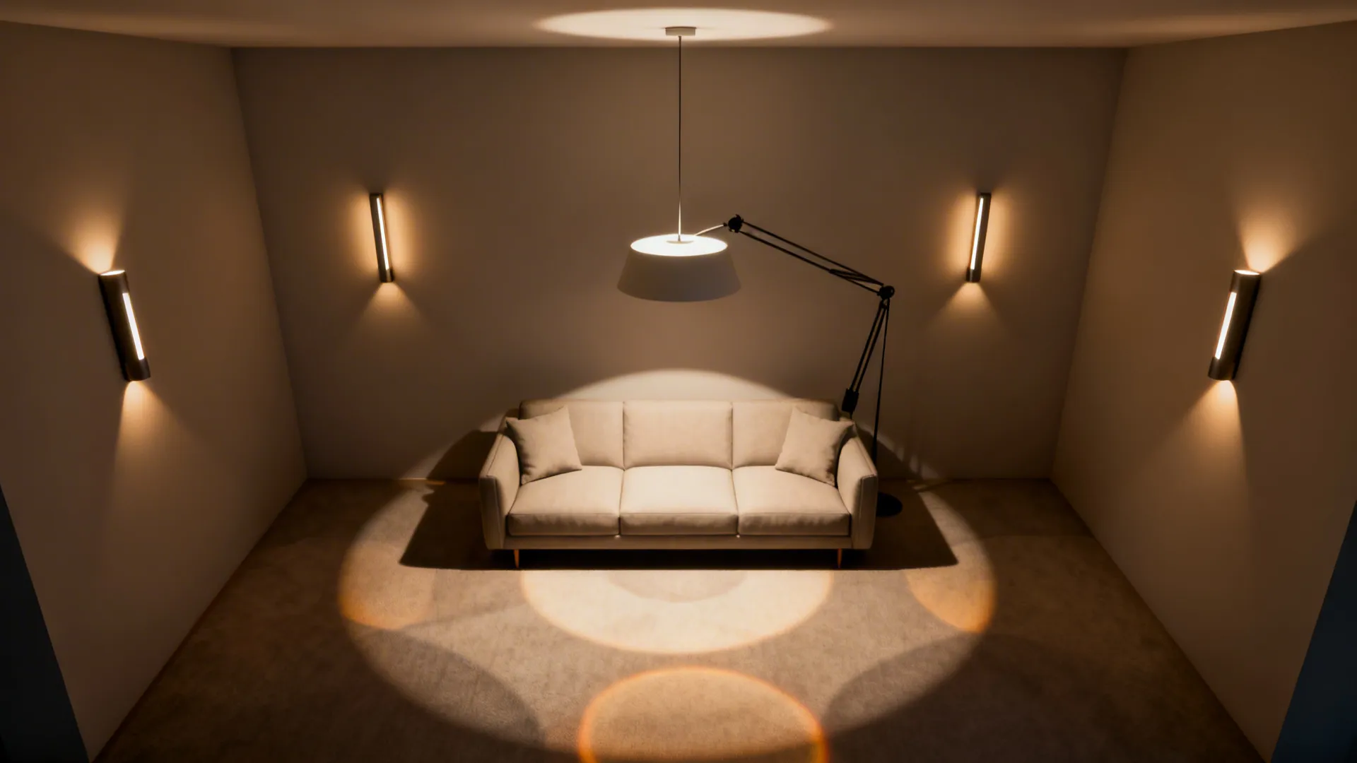 Top-down view showing ceiling light, paired sconces, and a floor lamp creating layered lighting.