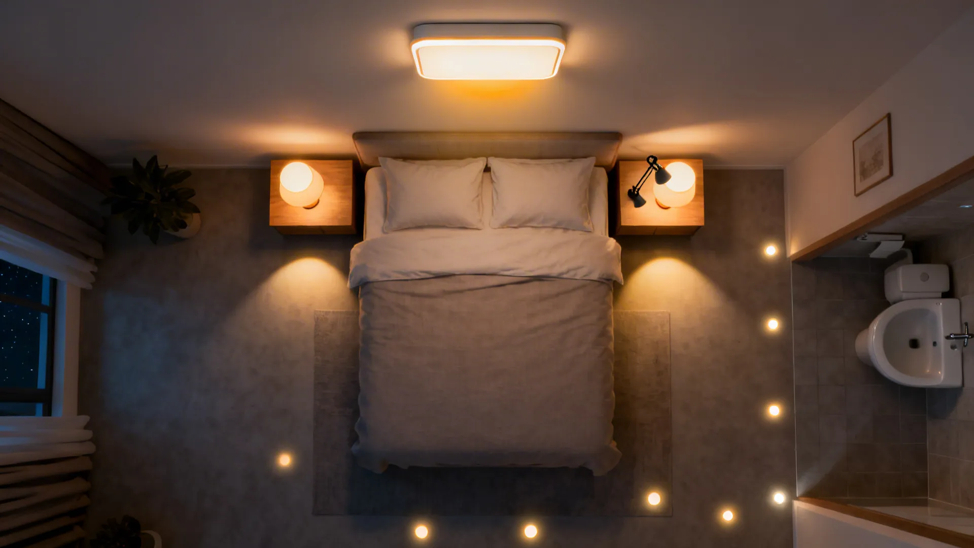 Top-down view illustrating warm layered lighting zones for restful nights and safe bathroom trips.