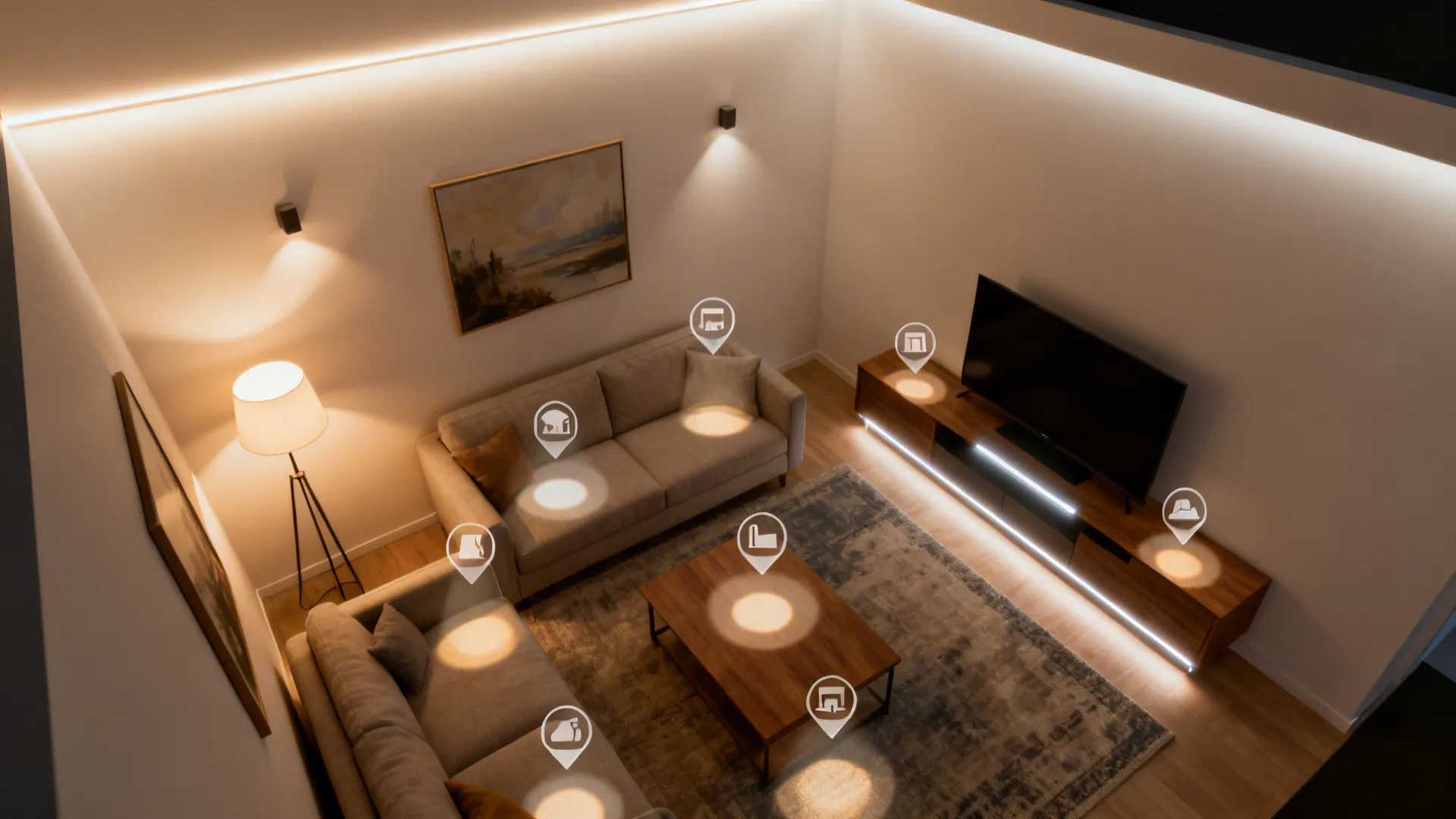 Top-down plan showing ambient, task, and accent lighting zones layered over a compact living room layout.