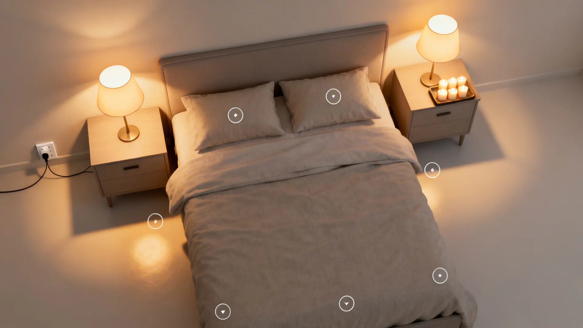 High angle view of bedroom layout showing symmetrical nightstands with table lamps and interactive design icons