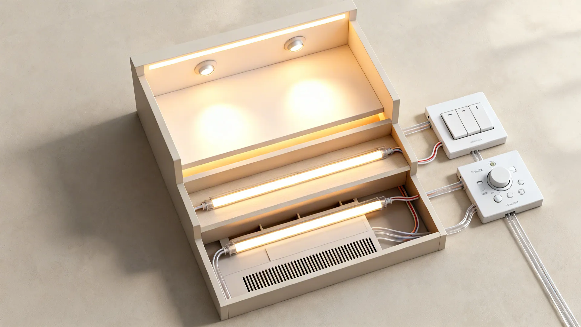 Top-down view showing ambient backlight, accent spots, and task strips on separate circuits.
