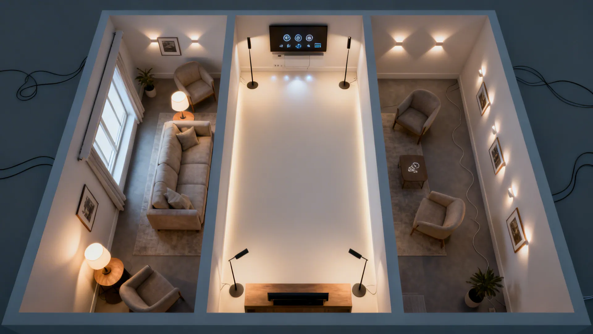 Top-down view of a rectangular living room with ambient, task, and accent lighting zones.