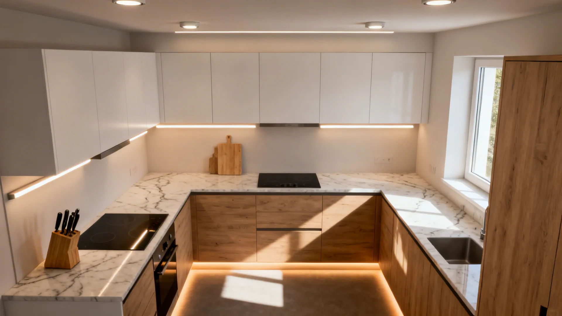 Top-down view of a small kitchen showing ambient, task, and accent lighting zones.