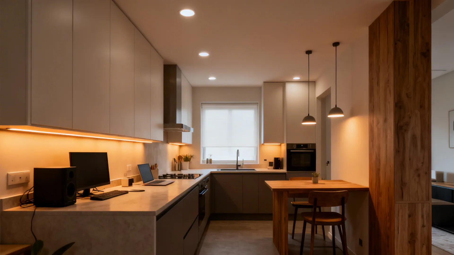 Compact kitchen shows ambient recessed lights, under-cabinet task strips, and warm pendant accents.