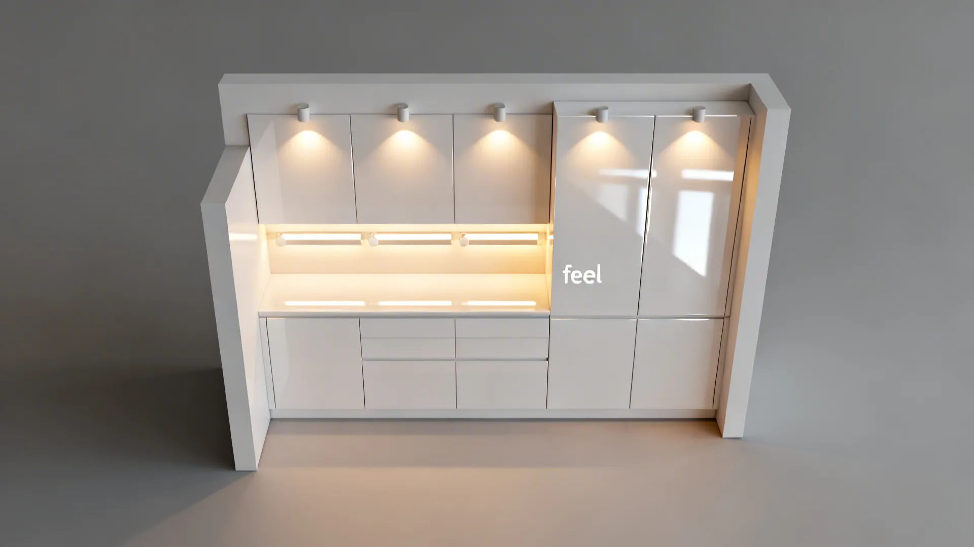 Top-down view showing downlight spacing and under-cabinet LED strips in a gloss kitchen.