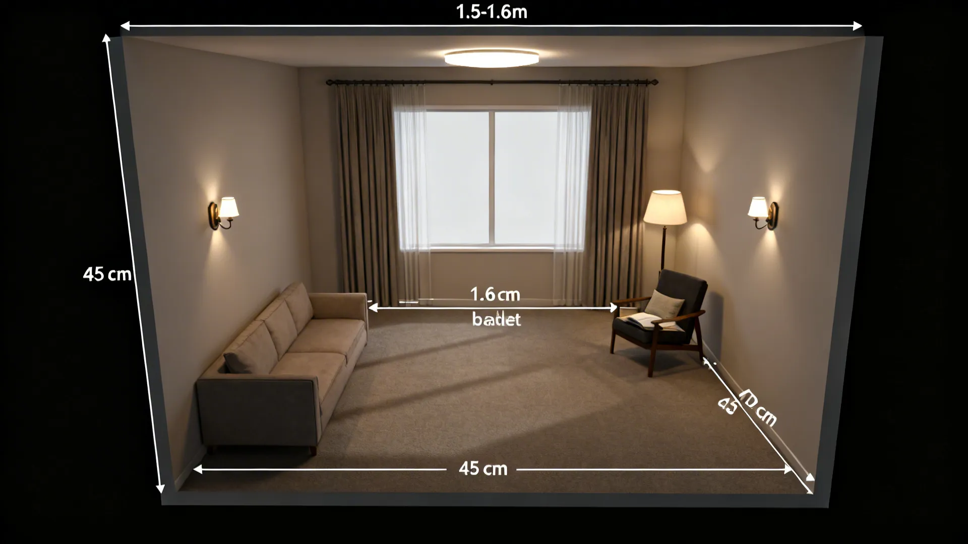 Top-down plan showing layered lighting and double curtains in a compact living room.