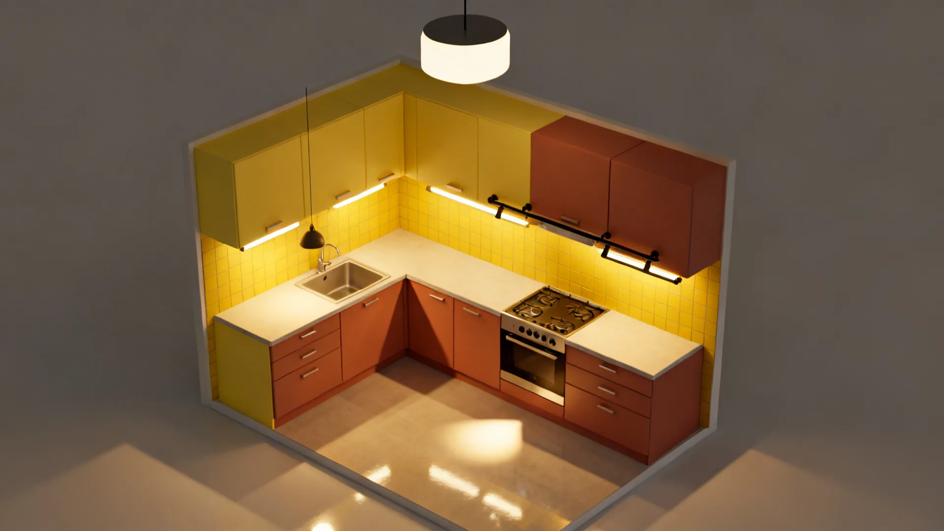 Top-down view of a small kitchen showing layered warm LED lighting zones.