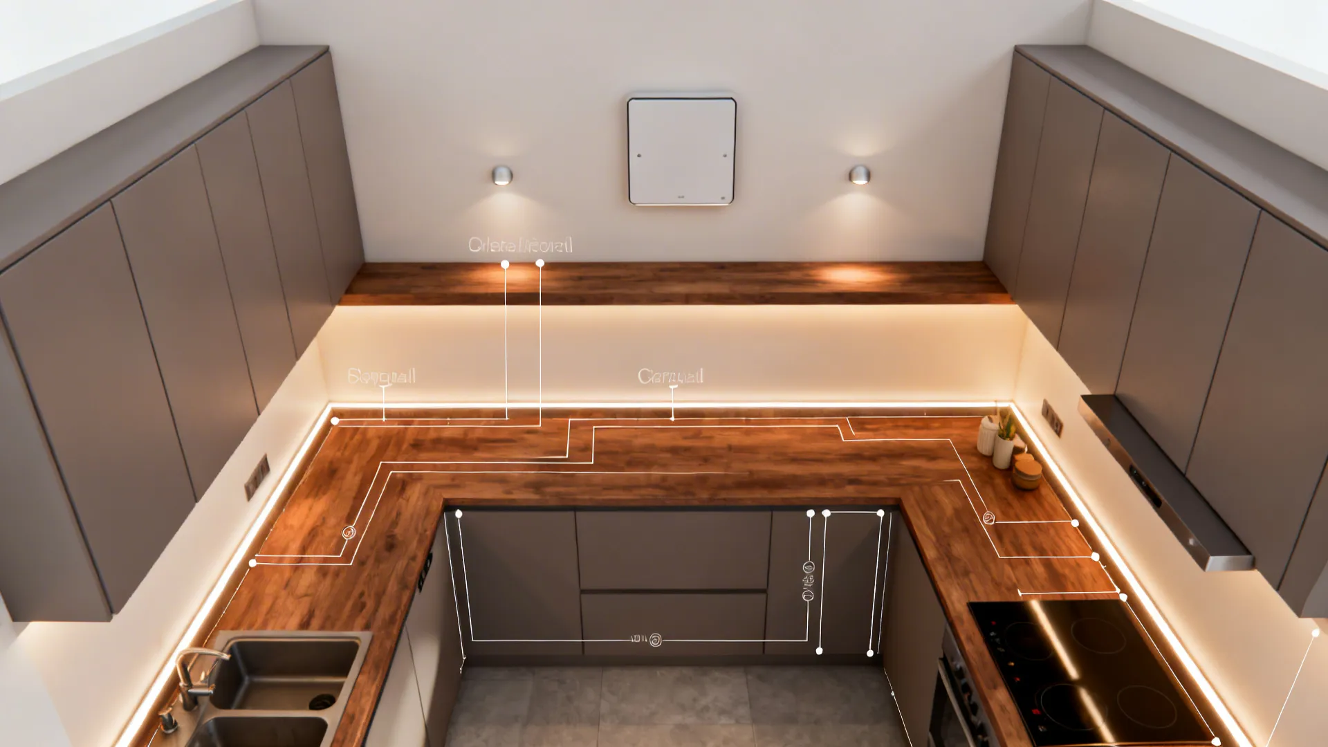 Top-down plan of a U-shaped small kitchen showing ambient, task, and accent lighting zones.