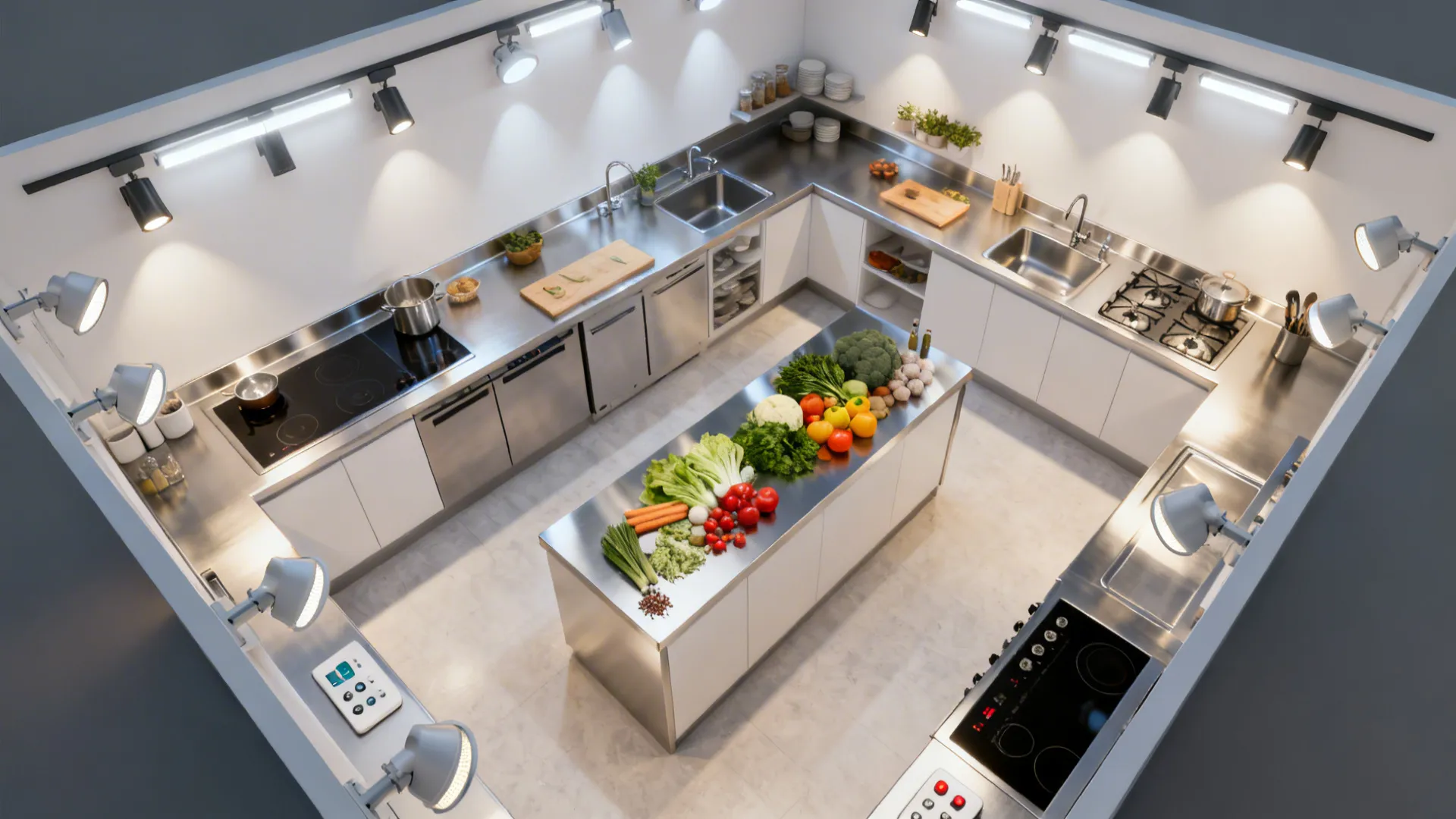 Overhead view of a professional kitchen with many light fixtures and a central vegetable island