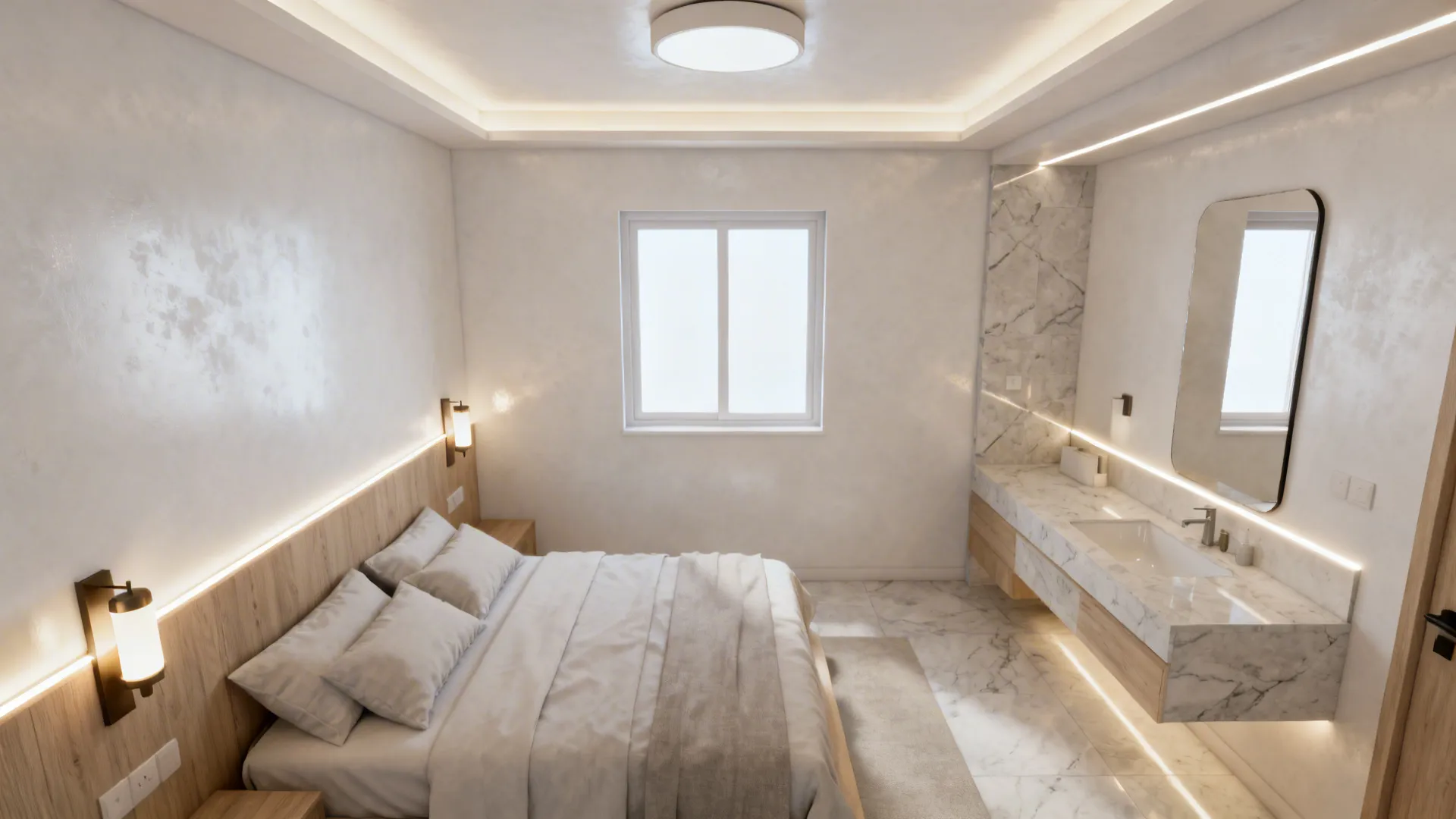 Top-down view of layered lighting zones continuing from bedroom into the ensuite.