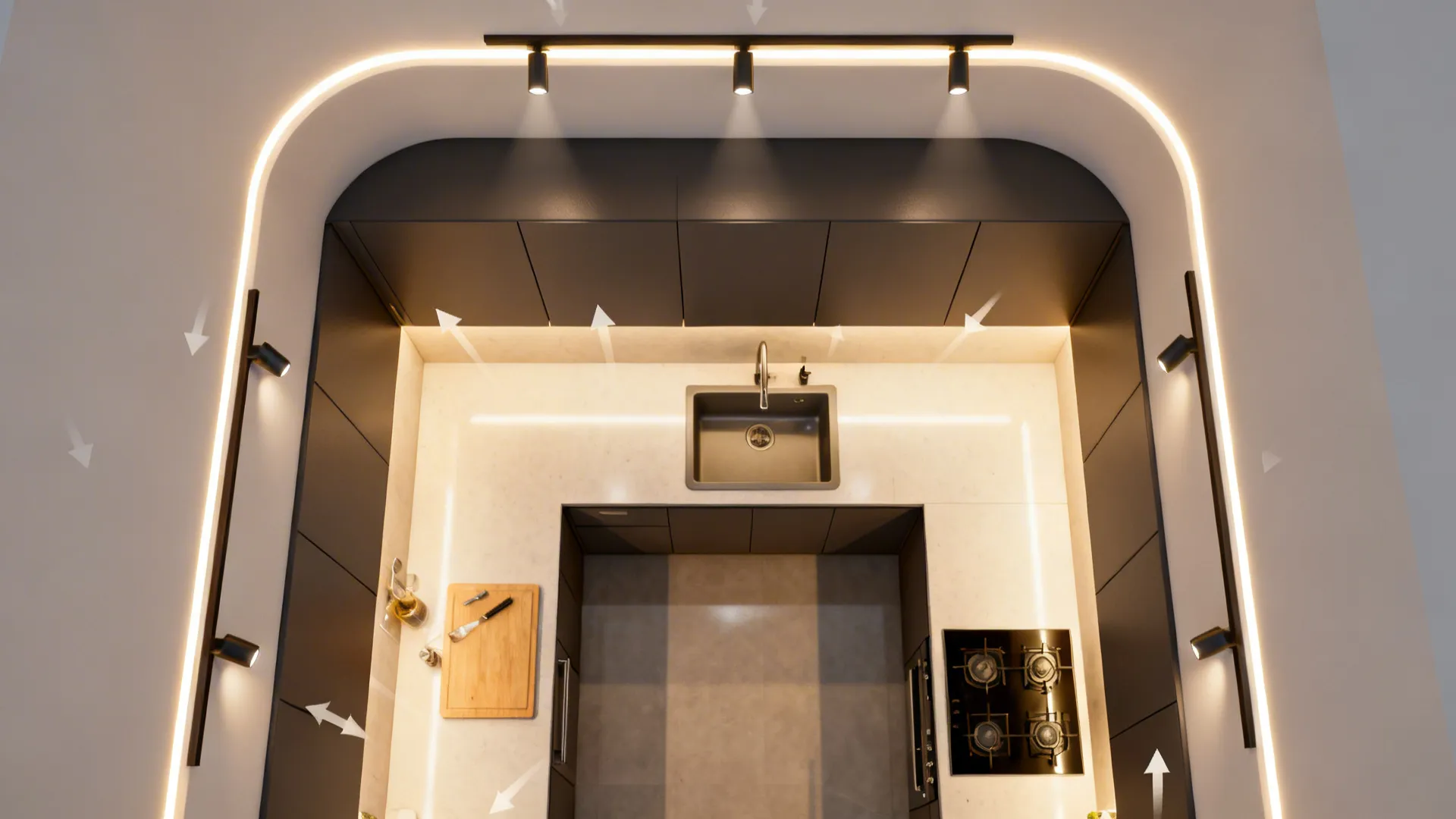 3) Integrated Lighting: Under-Cabinet + Coved Ceiling Glow