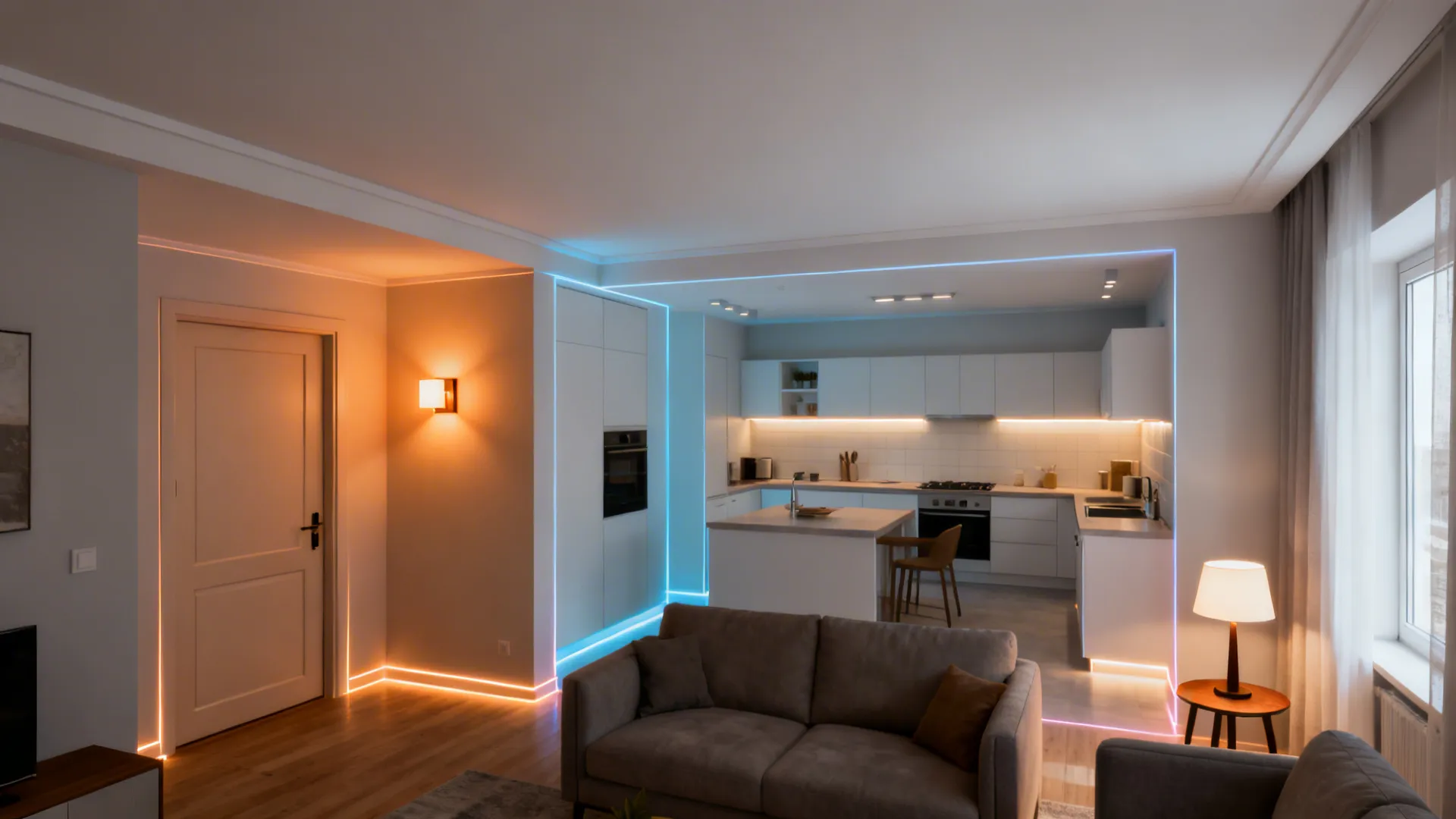 4) Layered Lighting: Entry Sconces, Kitchen Task LEDs, and Warm Living Ambience