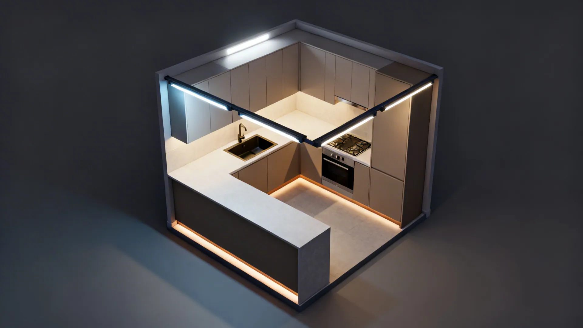 Interior design drawing showing a small kitchen layout with track lights and under cabinet fixtures