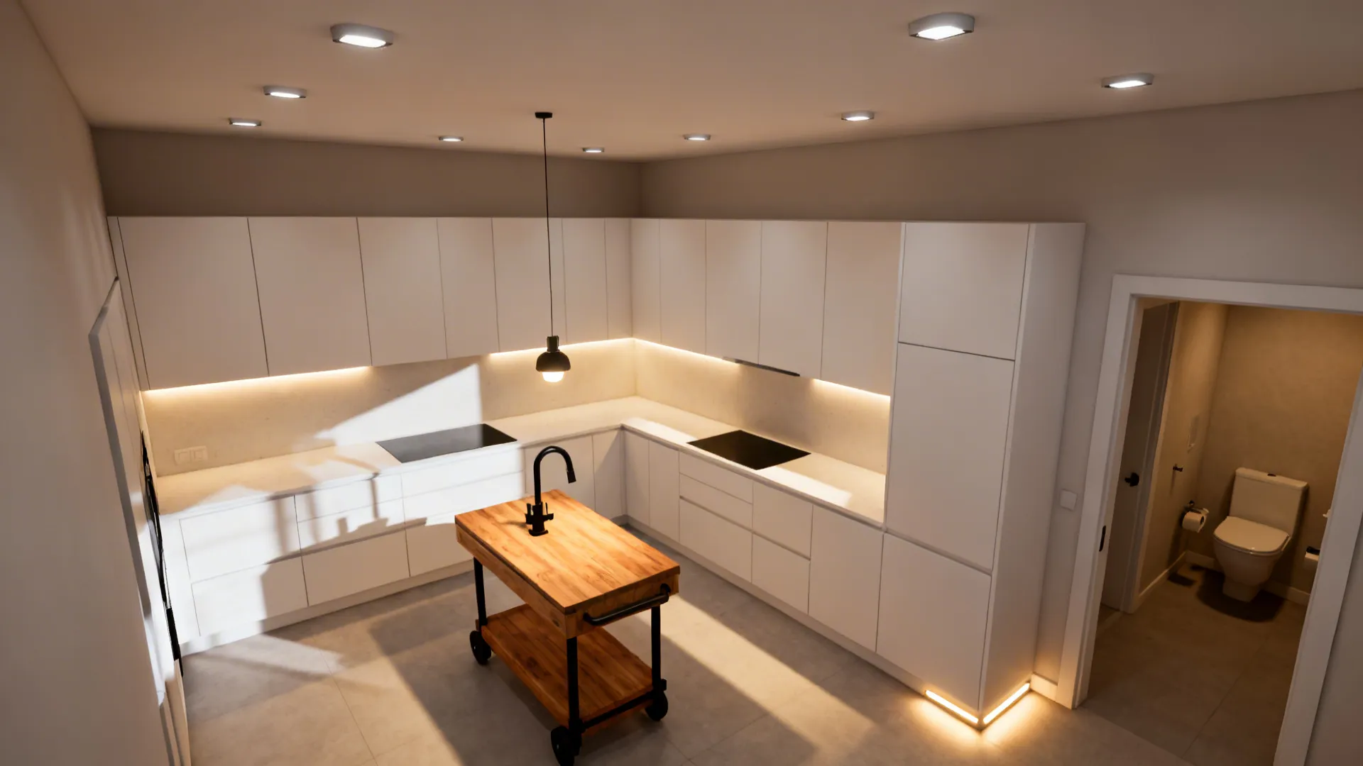 Top-down view showing recessed ambient lights, under-cabinet LEDs, a pendant, and toe-kick night lights.